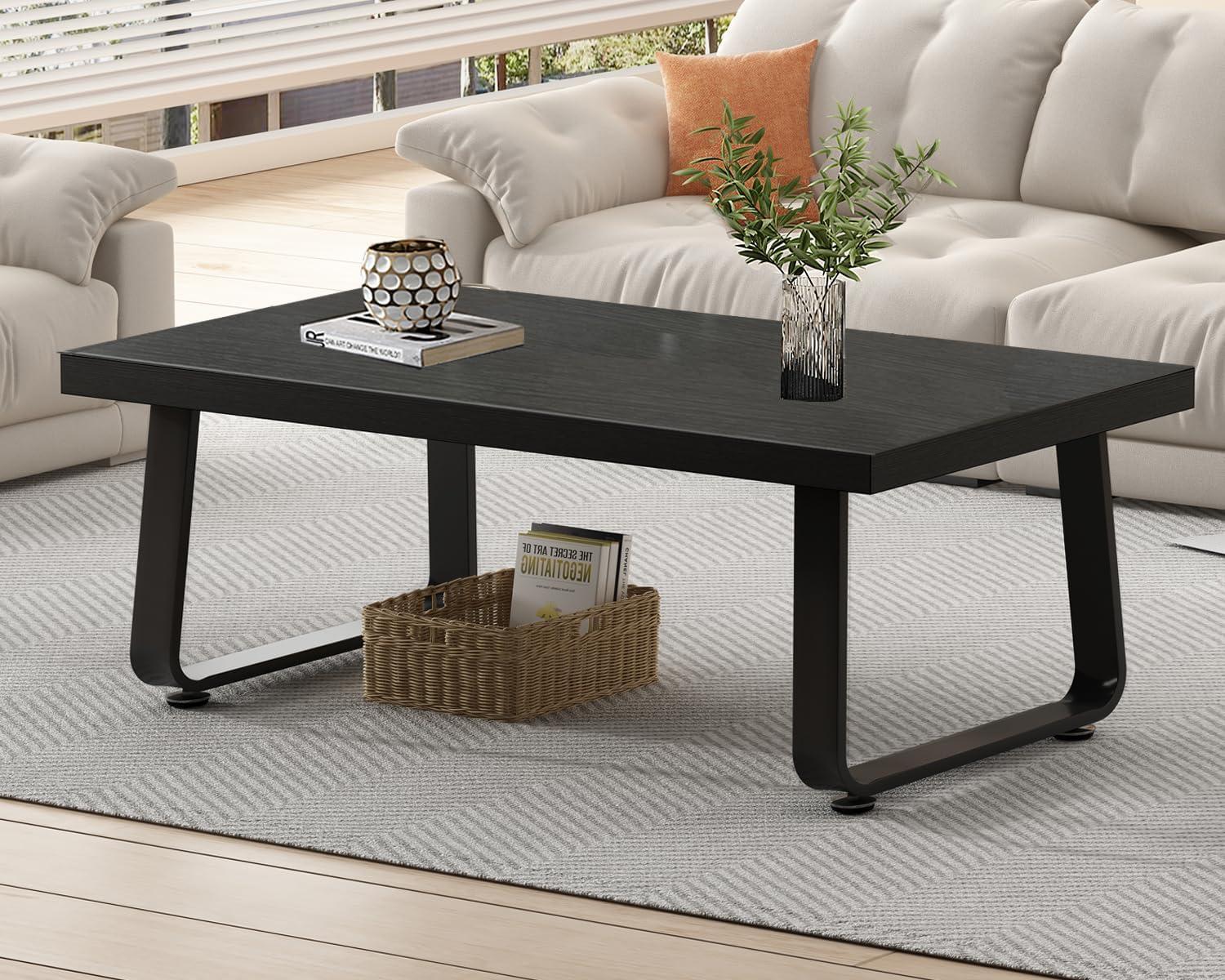 Latitude Run® Black Coffee Table, Industrial Wood And Metal Legs Center Table, Black Oak, 47 Inch