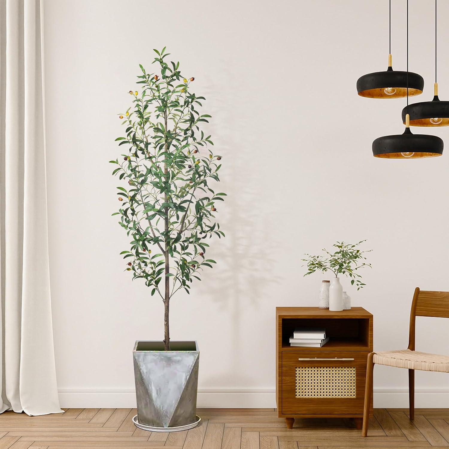 6FT Tall Artificial Olive Tree with Realistic Trunk and Leaves in White Pot