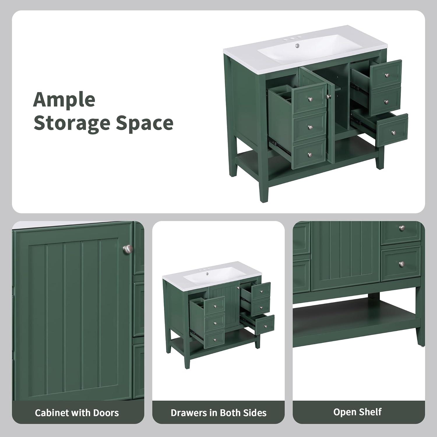 Green 36" Freestanding Bathroom Vanity with Drawers and Cabinet