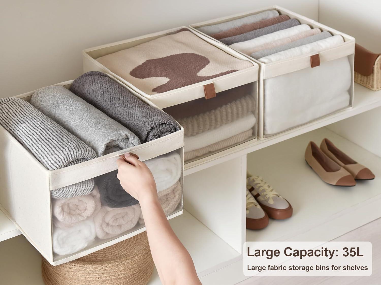 Closet Storage Bins with Clear Window and 2 Handles, Foldable Clothing Bins for Shelves, Large Fabric Organizer, Beige, 3 Pack