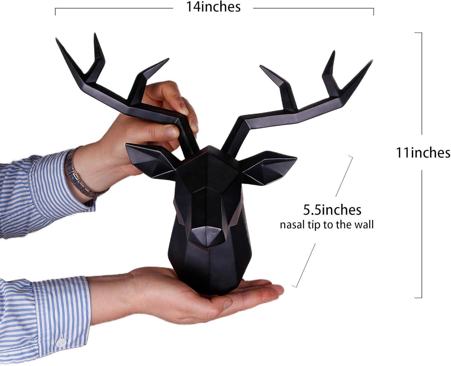 Deer Head Wall Decor Geometrical Black Deer Antlers Wall Sculpture Faux Taxidermy Resin Wall Animal Head 14x5.5x11 Inches