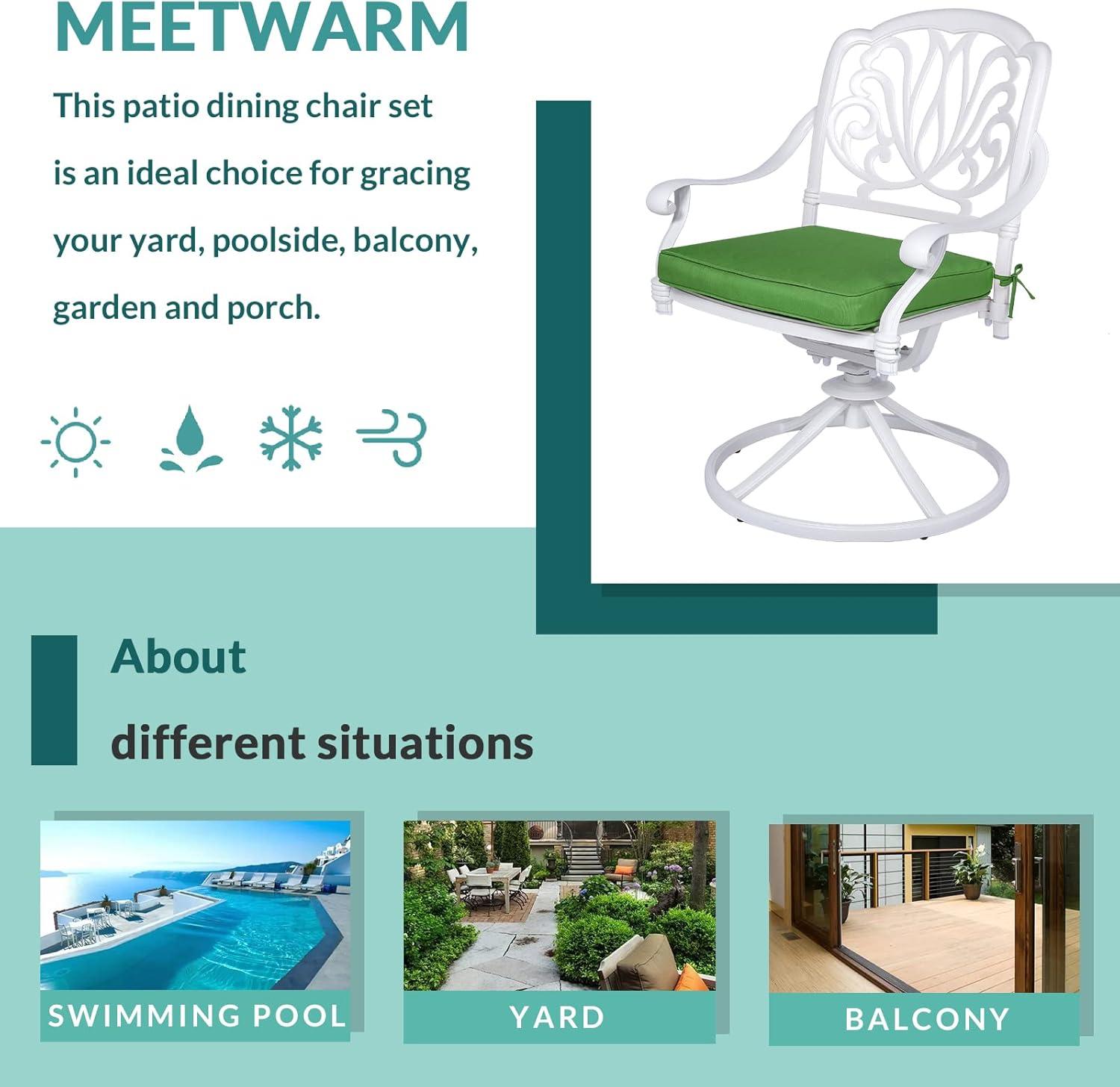 MEETWARM 2 Piece Patio Dinning Swivel Chairs Rocker, Outdoor All-Weather Cast Aluminum Chairs, Patio Bistro Dining Chair Set with Cushions for Garden Deck Backyard,White