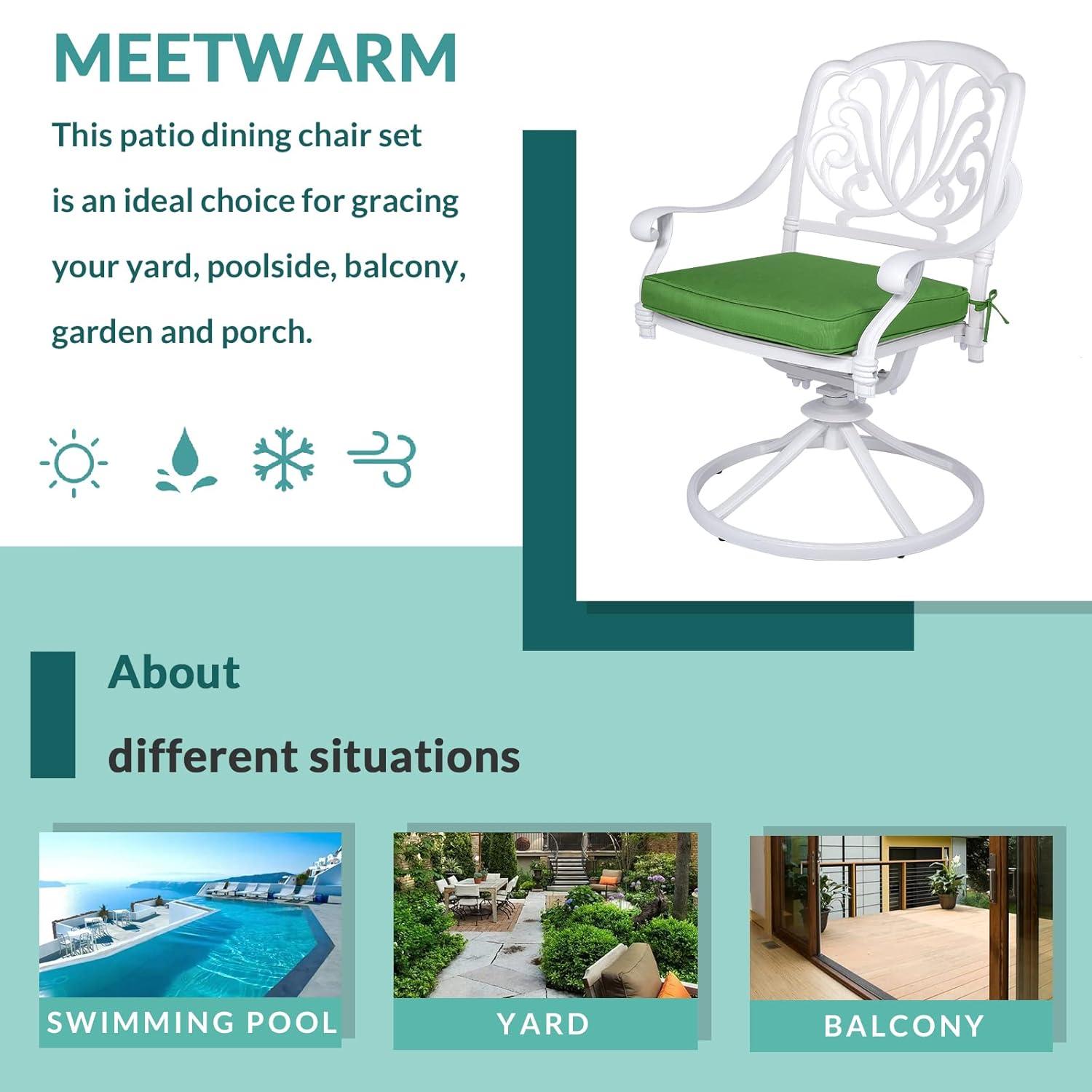 MEETWARM 2 Piece Patio Dinning Swivel Chairs Rocker, Outdoor All-Weather Cast Aluminum Chairs, Patio Bistro Dining Chair Set with Cushions for Garden Deck Backyard,White