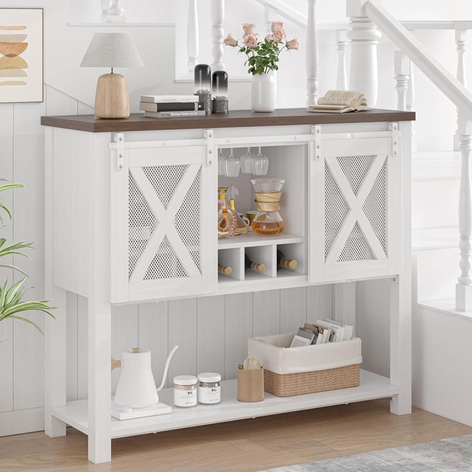 GAOMON Farmhouse Coffee Bar Cabinet with Sliding Barn Doors, Wine Rack, Stemware Holder, and Storage Shelves, Rustic Kitchen Buffet for Living Room or Hallway