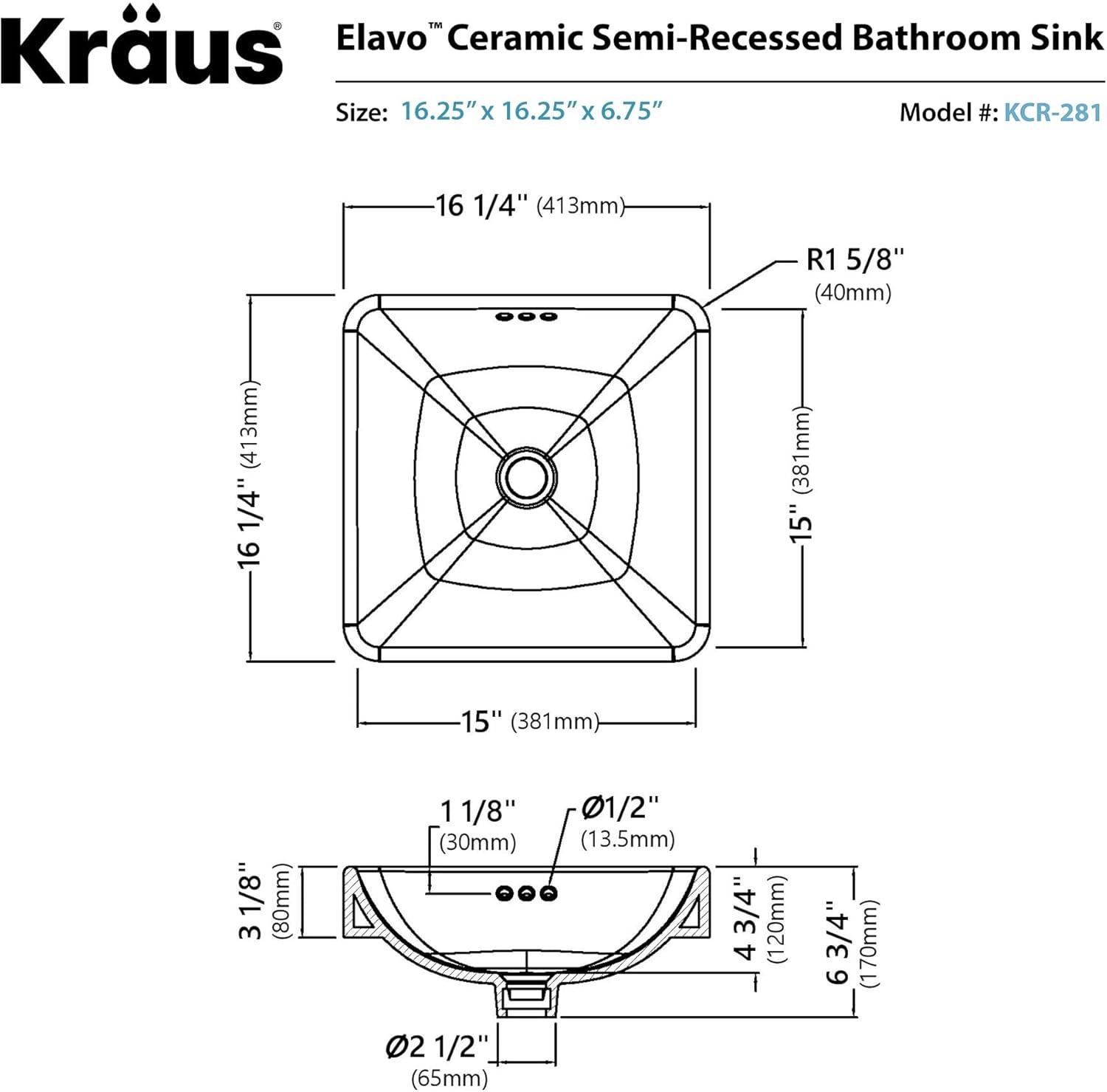 Elavo White Ceramic Square Semi-Recessed Bathroom Sink