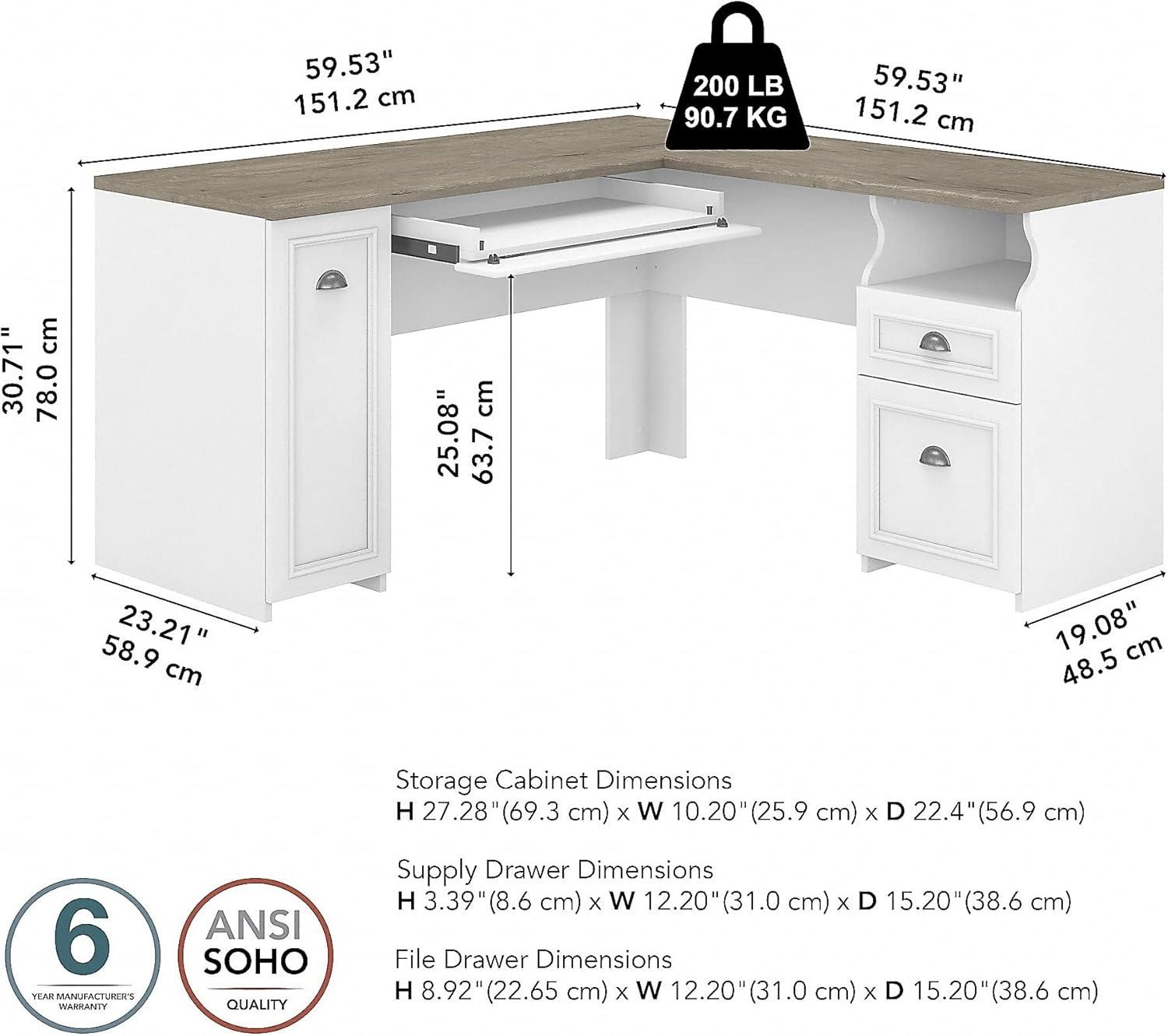 Bush Furniture Fairview 60W L Shaped Desk with Drawers and Storage Cabinet, White/Gray