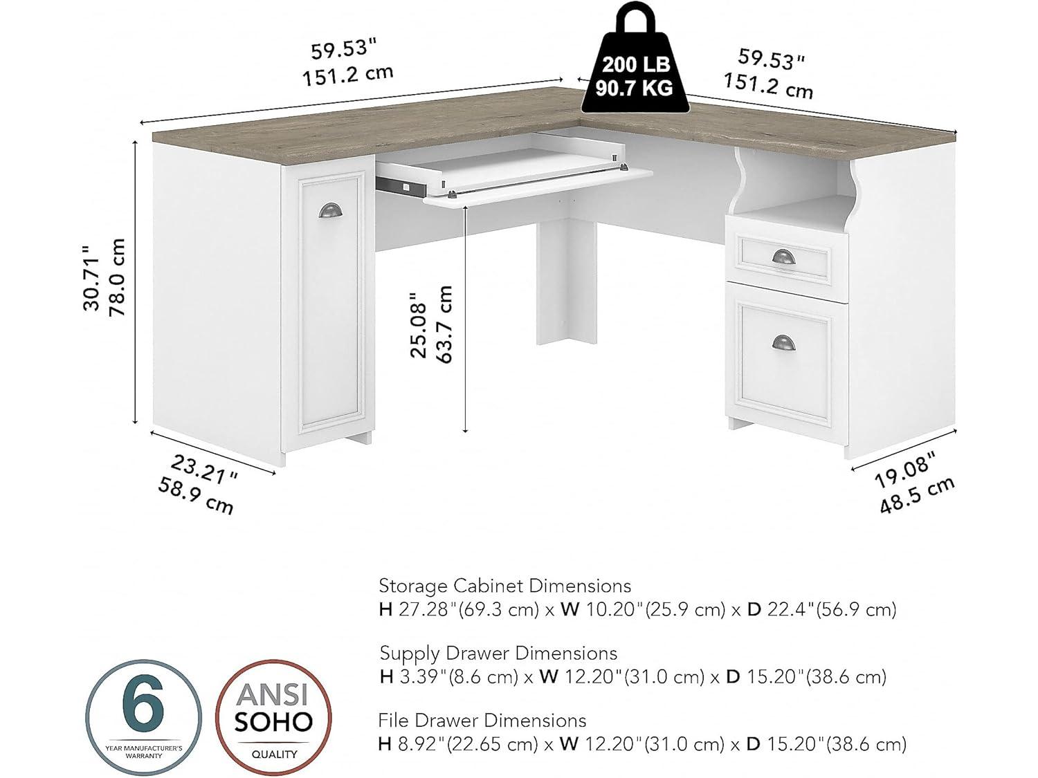 Bush Furniture Fairview 60W L Shaped Desk with Drawers and Storage Cabinet, White/Gray