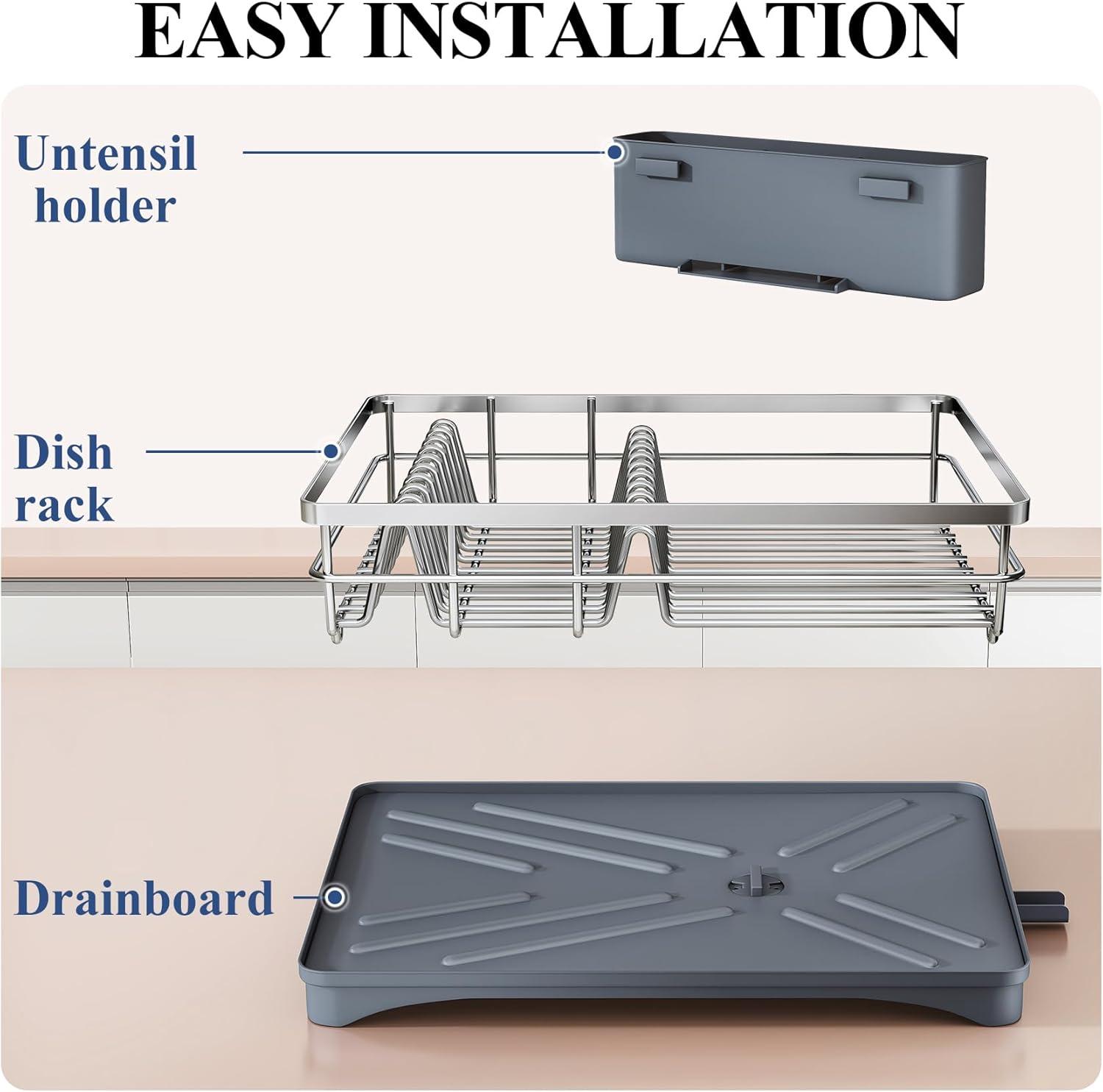 BEACHWATER POOL & SPA, LLC Dish Drying Rack For Kitchen Counter - Large Dish Rack With Drainboard, Rustproof Dish Drainer With Utensil Holder For Sink