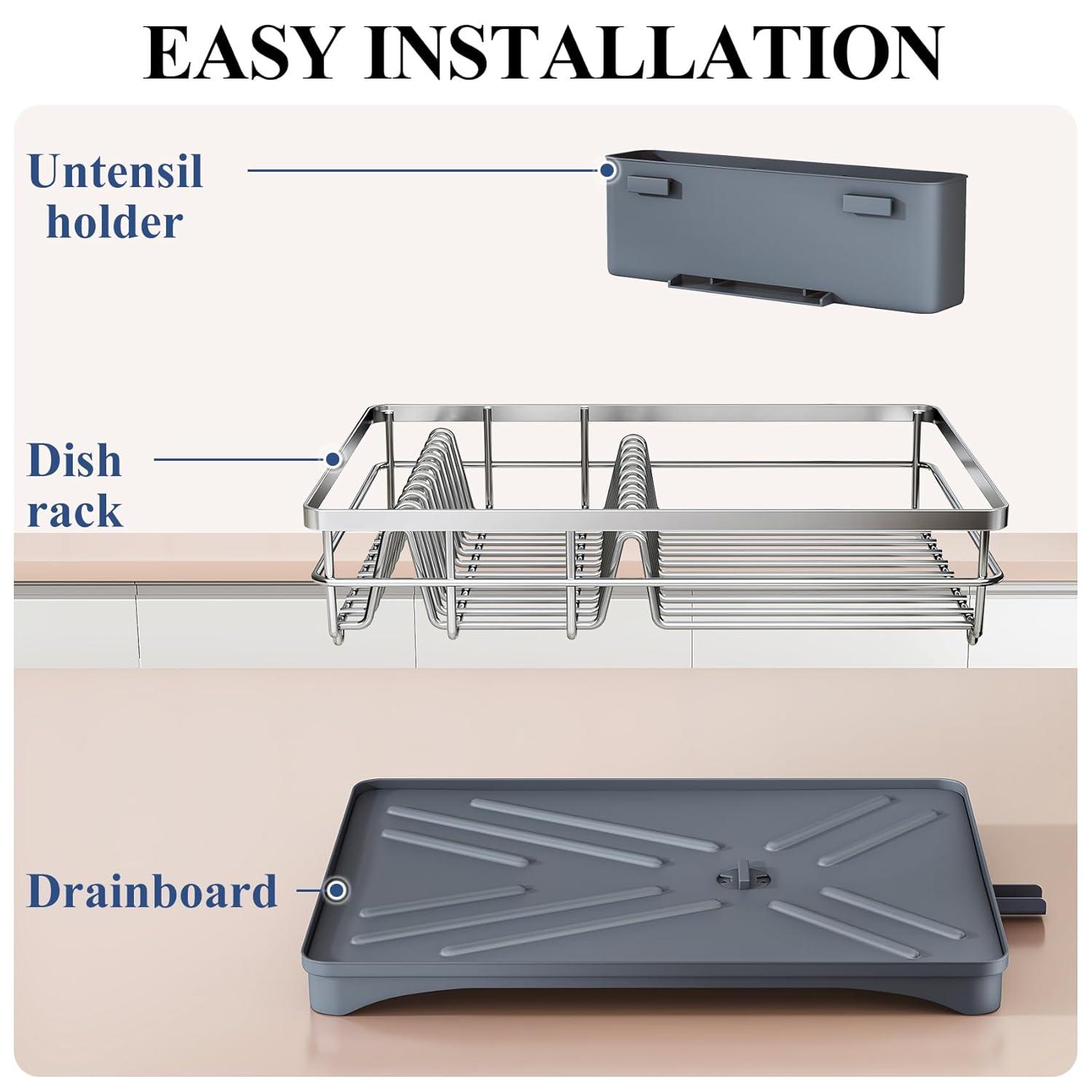 BEACHWATER POOL & SPA, LLC Dish Drying Rack For Kitchen Counter - Large Dish Rack With Drainboard, Rustproof Dish Drainer With Utensil Holder For Sink