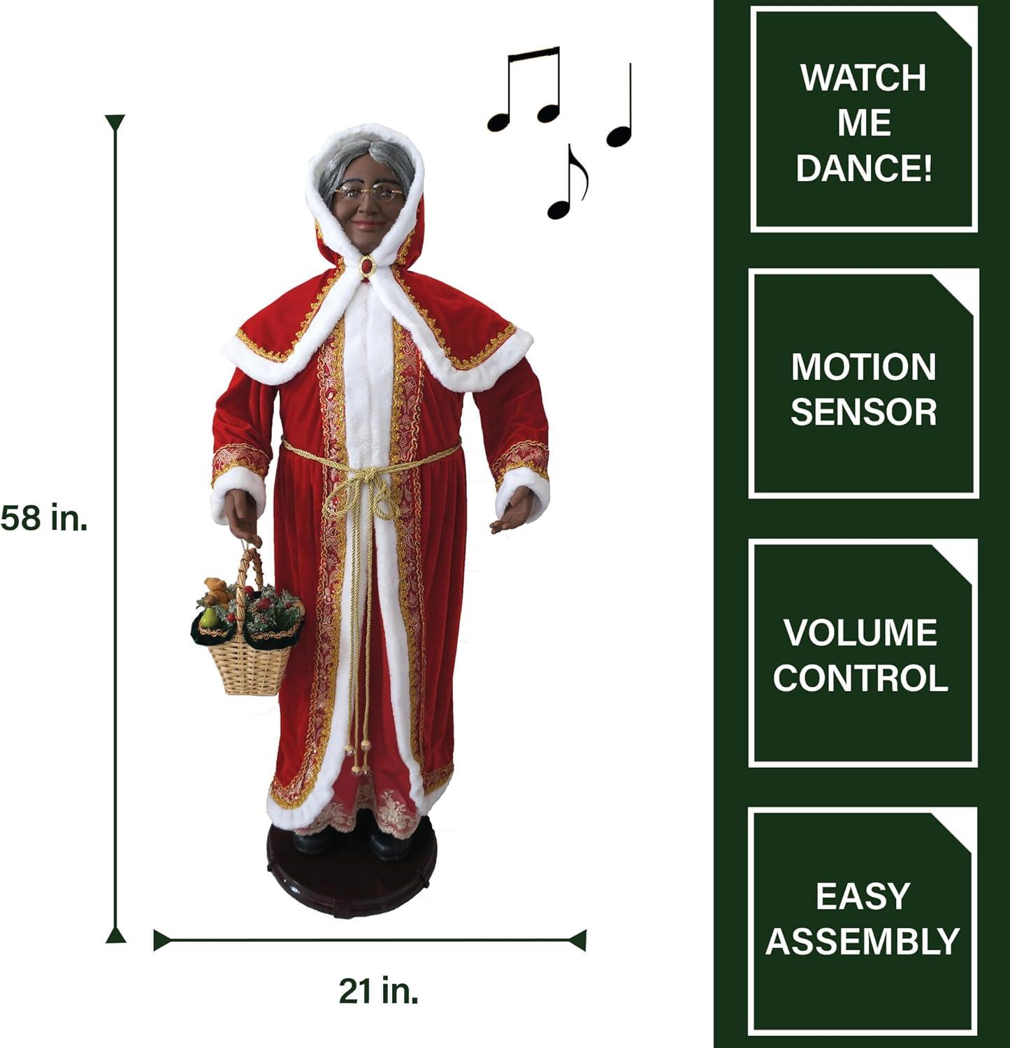 Fraser Hill Farm 58-in. Dancing African American Mrs. Claus with Hooded Cloak and Basket, Life-Size Christmas Holiday Indoor Home Decor, FMC058D-2RD1-AA