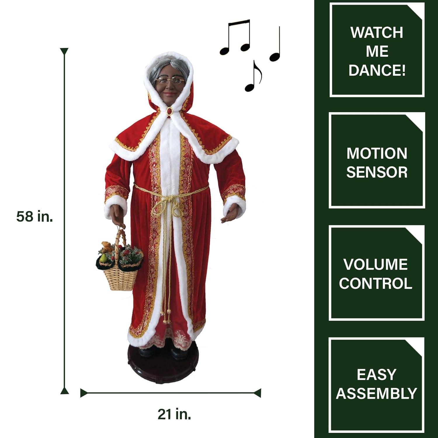 African American Dancing Mrs. Claus with Hooded Cloak and Basket Figurine