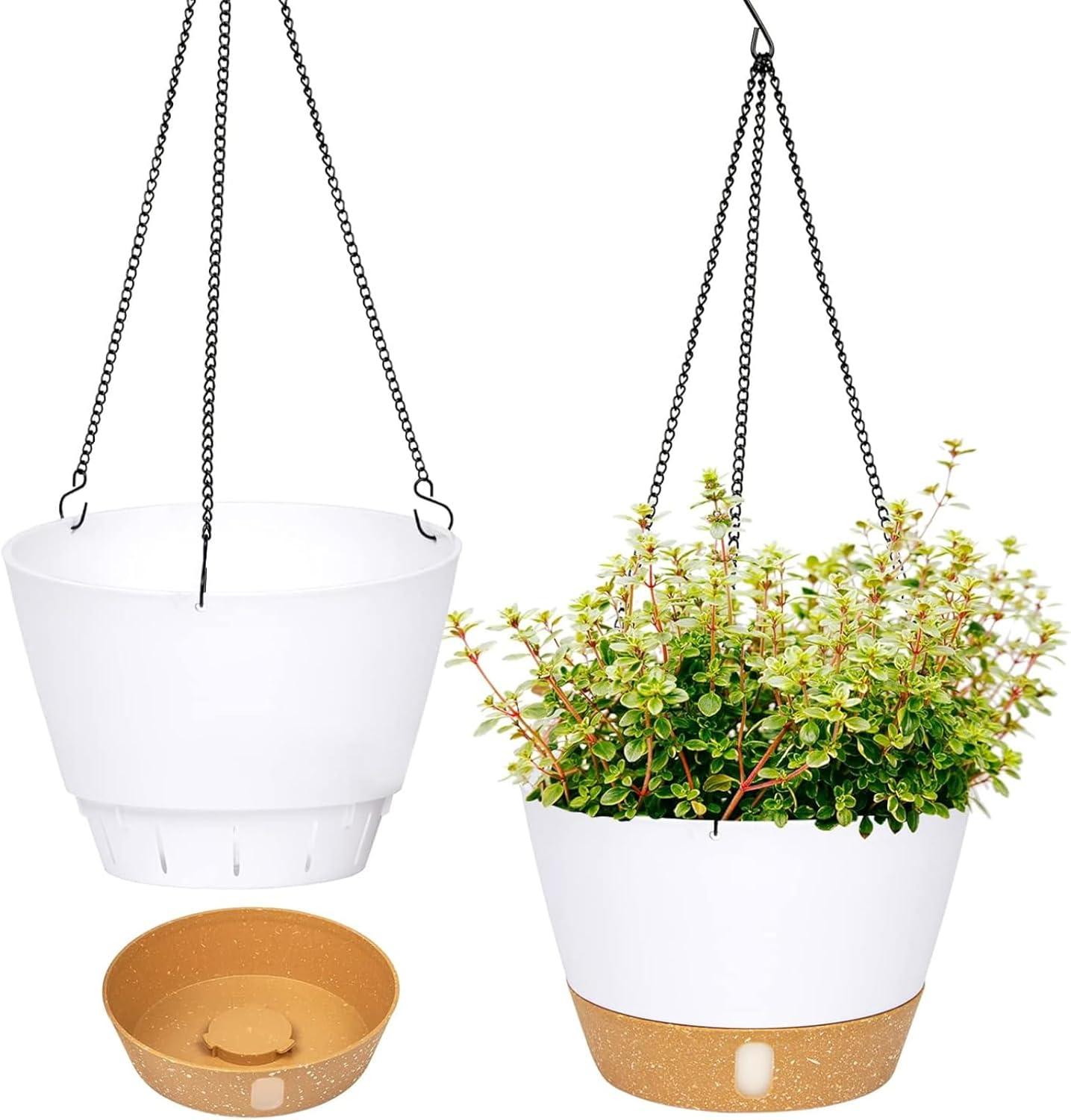 QCQHDU 2 Pack 10 inch White Plastic Hanging Planters with 3 Hooks, Hanging Plant Pot Basket with Drainage Hole for Garden Home