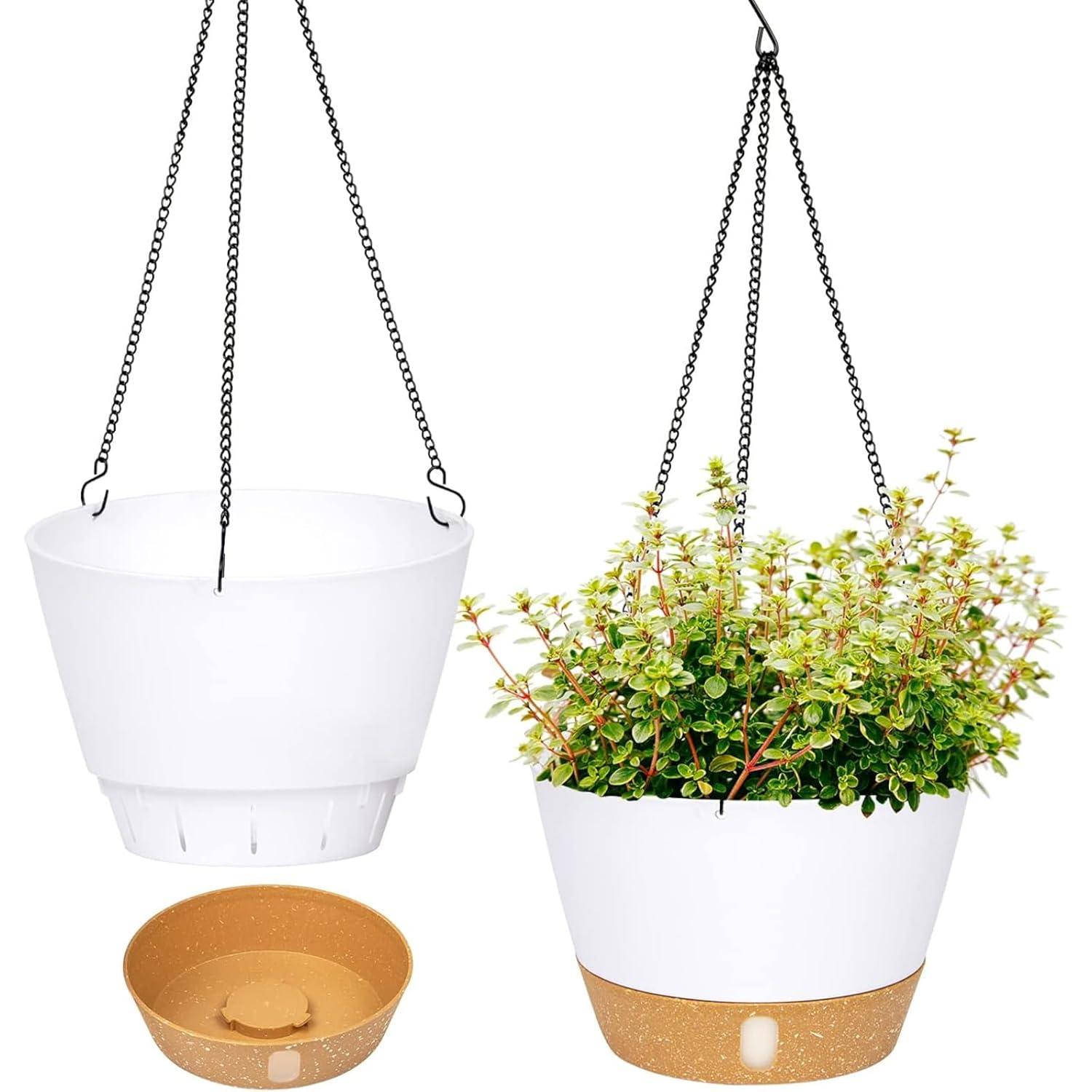 2 Pack 10 inch White Plastic Hanging Planters with 3 Hooks,Hanging Plant Pot Basket with Drainage Hole for Garden Home
