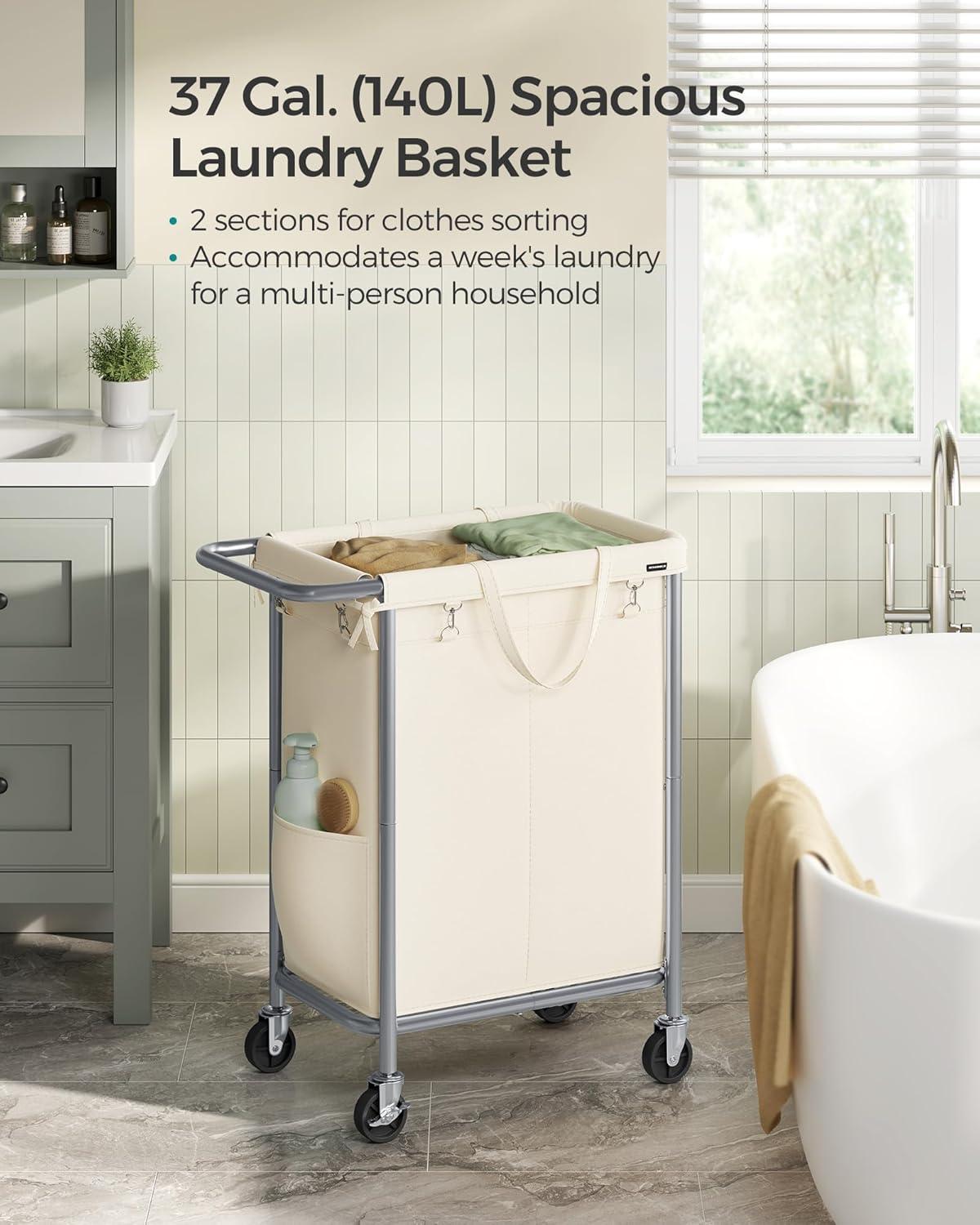 SONGMICS Laundry Basket with Wheels, 2-Section Rolling Laundry Hamper, 37 Gallons (140 L), Removable Liner, Steel Frame with Handle, 27.2 x 15.4 x 31.9 Inches, Cream White URLS004W01