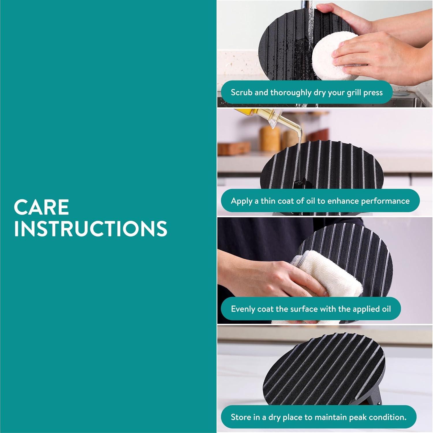 Navaris Cast Iron Round Burger Smasher - Food Grade Smash Burger Press with Wooden Handle - Grill BBQ Meat Patty Maker - Chef Press Burger Weight