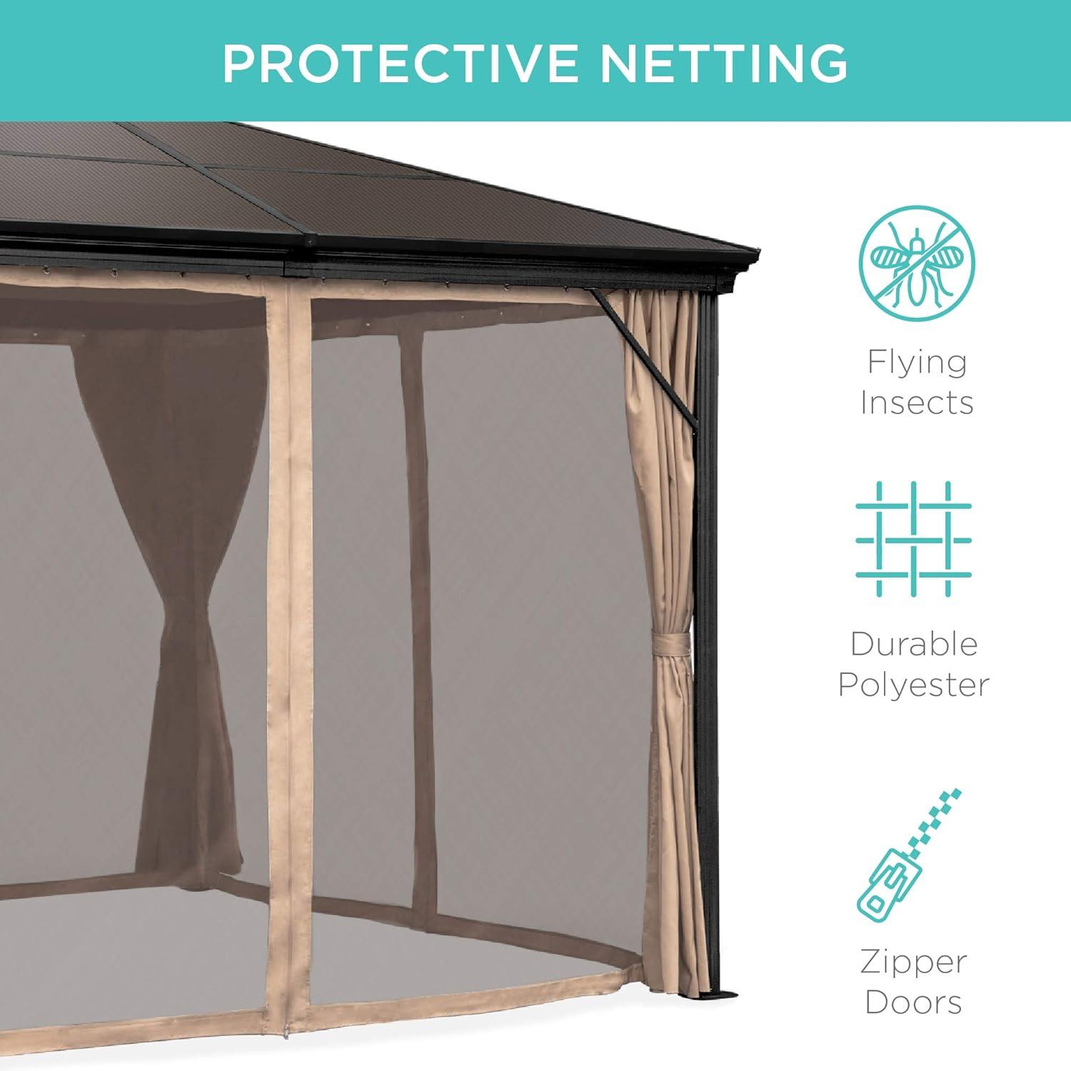 10x10 Black Aluminum Hardtop Gazebo with Beige Curtains