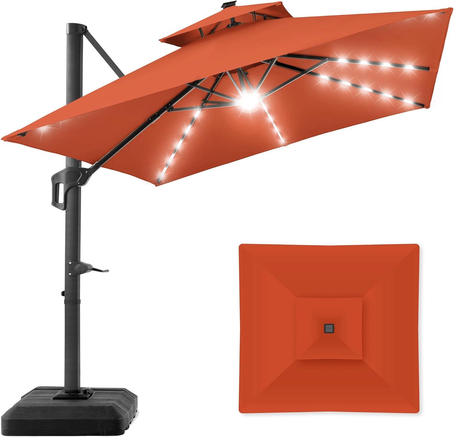 Arlmont & Co. Ronessa 10x10ft 2-Tier Square Outdoor Solar LED Cantilever Patio Umbrella w/ Base Included