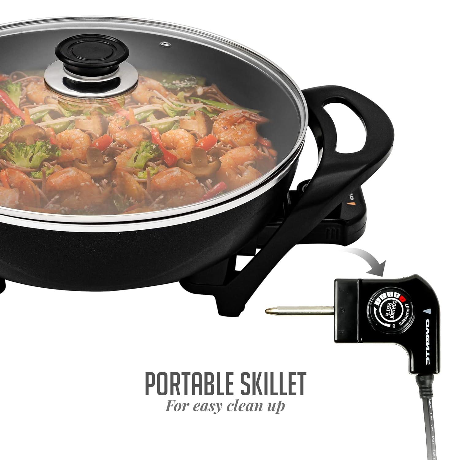 OVENTE Electric Wok with Nonstick Coating, 13 Inch Family-Sized Skillet, 1400W Power, Adjustable Temperature, Tempered Glass Lid, Cool Touch Handles and Easy to Clean Frying Surface, Black SK3113B