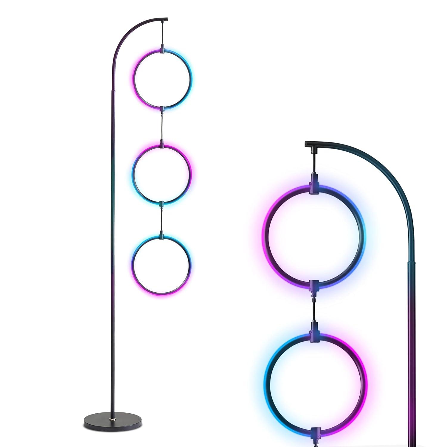 Brightech Nova 74 in. Novelty Industrial 3-Hanging Ring Light LED Standing Floor Lamp with Built-In Color Options