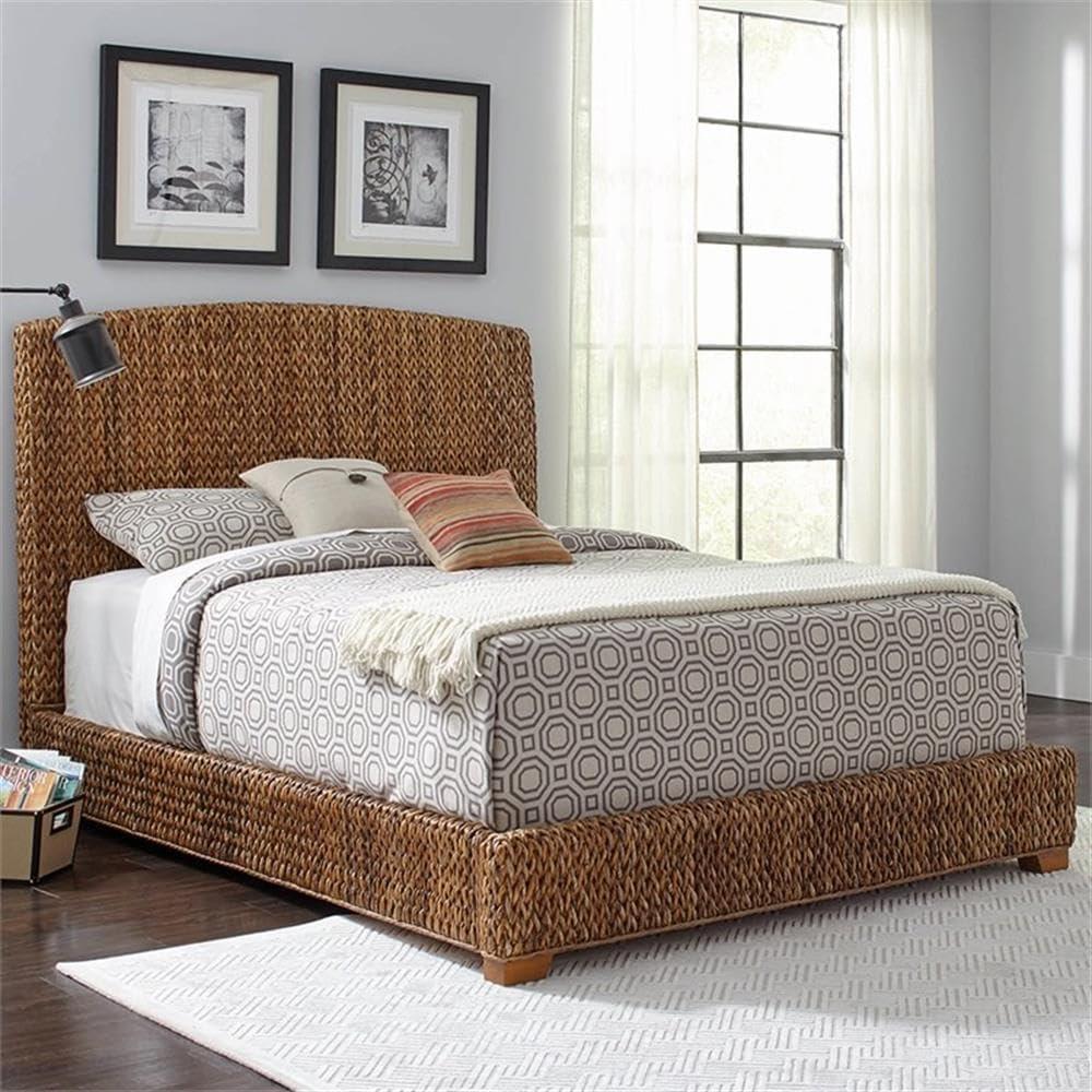 Amber Brown Honey Queen Bed with Banana Leaf Upholstered Headboard