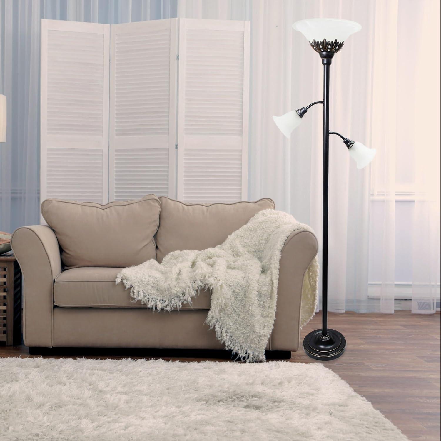 Torchiere Floor Lamp with 2 Reading Lights and Scalloped Glass Shades Bronze/White - Lalia Home: Adjustable, UL Listed, Metal Body