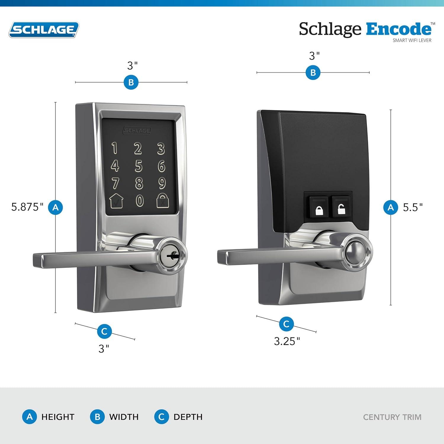 Schlage Fe789wb-Cen-Lat Encode Wifi Enabled Electronic Keypad Latitude Door Lever - Chrome