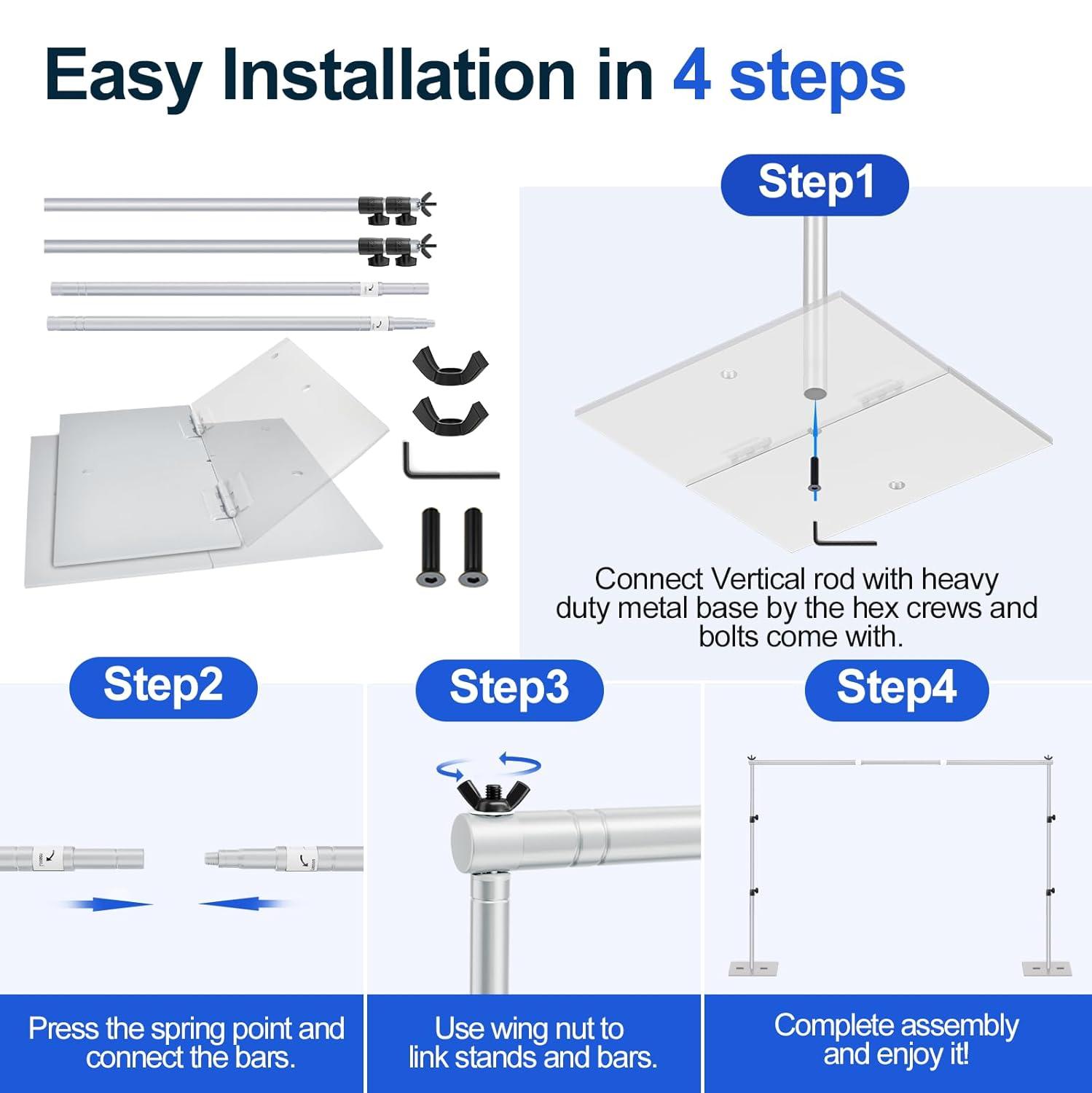 EMART Backdrop Stand, 6.5x10 ft Adjustable Photo Background Pipe and Drape Photography Kit with Heavy Duty Metal Flat Base for Parties, Wedding, Video Studio, Birthday - White