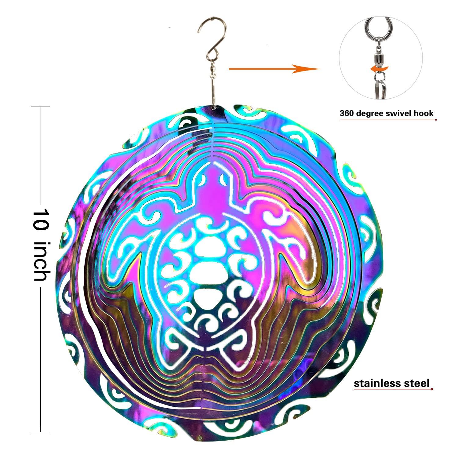 Wind Spinner Outdoor Metal 3D Wind Spinner Hanging Turtle Yard Garden Decor Gifts Stainless Steel Turtle Spinners with 360° Rotating Hook
