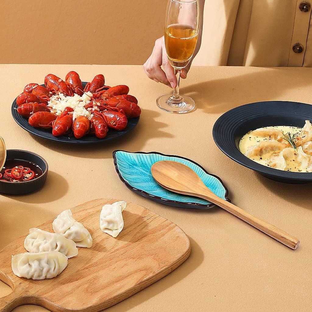 2 Pack Leaf Spoon Rest, Ceramic Ladle Holder, Modern Farmhouse Decorative Utensil Rester for Stove Top, Kitchen Counter, Dining Table, Coffee Station (Teal)