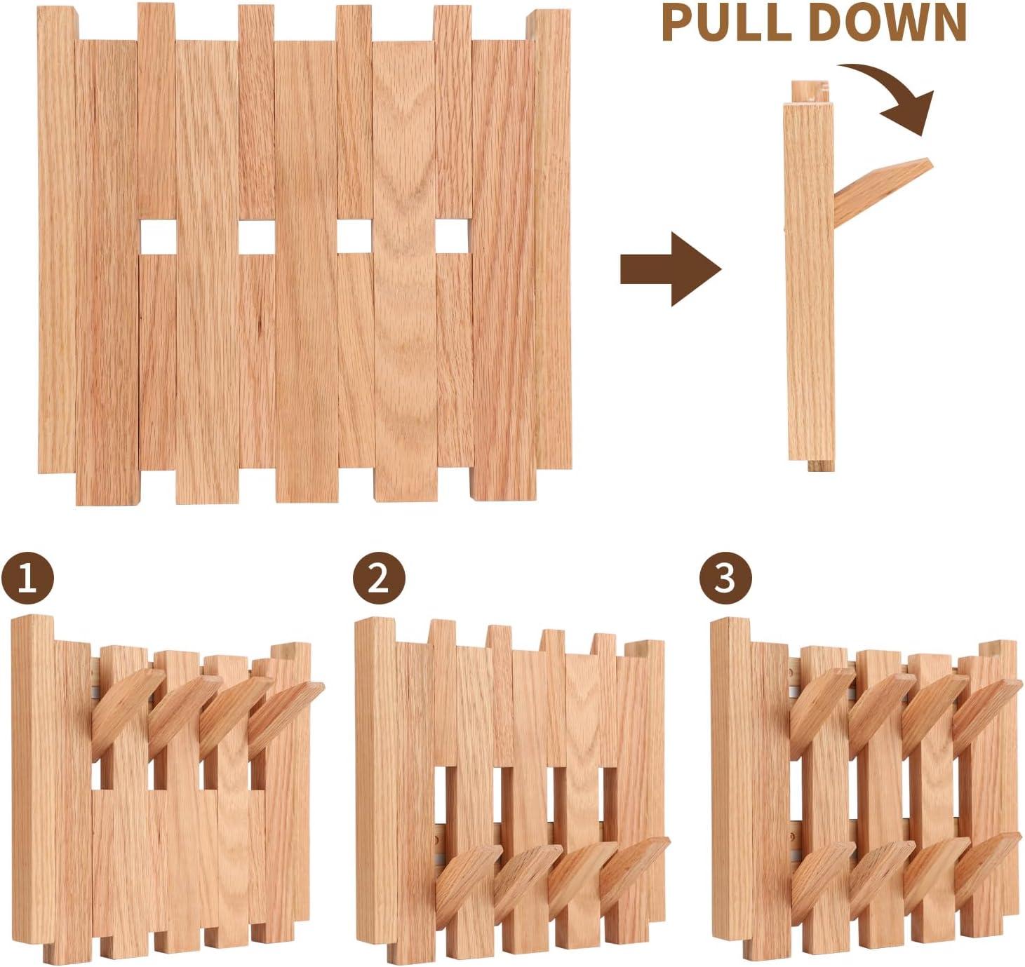 Natural Wood Wall Mounted Piano Coat Rack - 8 Flip Down Hooks, Solid Wood Entryway Wall Art Hook Rack, Space-Saving Wall Mount Design for Coats and Accessories