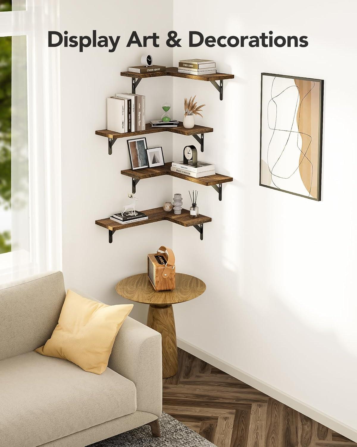Corner Floating Shelves, Set of 4 Corner Wall Shelves, Shelves for Wall Decor, Corner Wood Shelves for Home Decor, Office, Bedroom, Bathroom, Laundry Room, Kitchen, Black