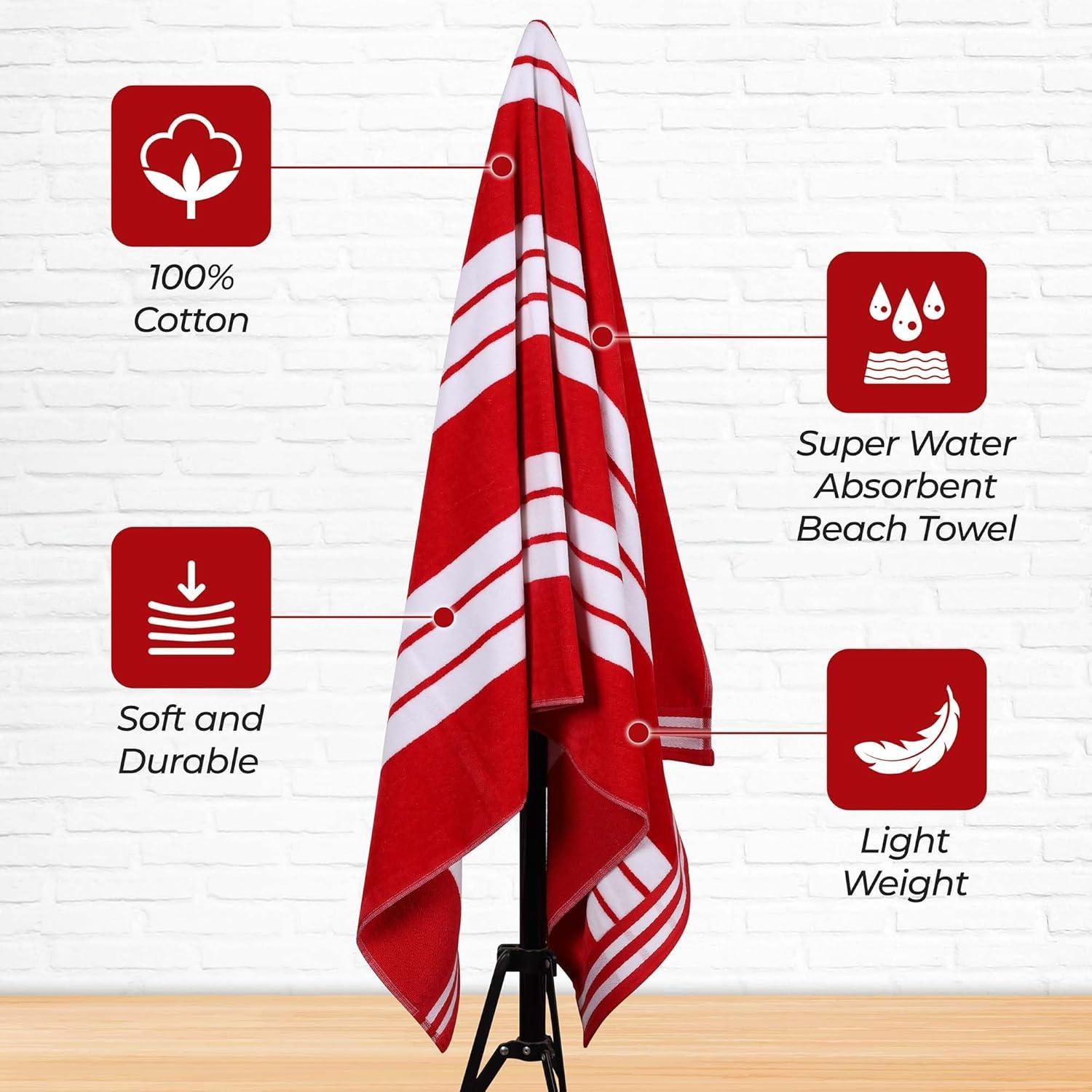 Superior Cotton Striped Oversized Beach Towel, 34" x 64", Red