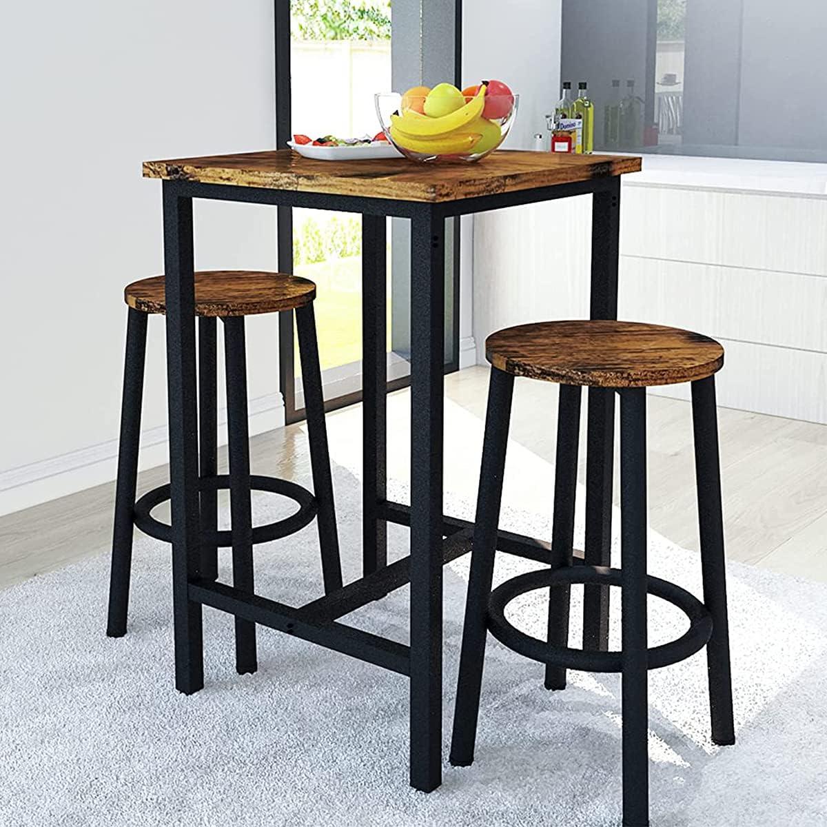 Rustic Brown Square Pub Table Set with Metal Frame and 2 Stools