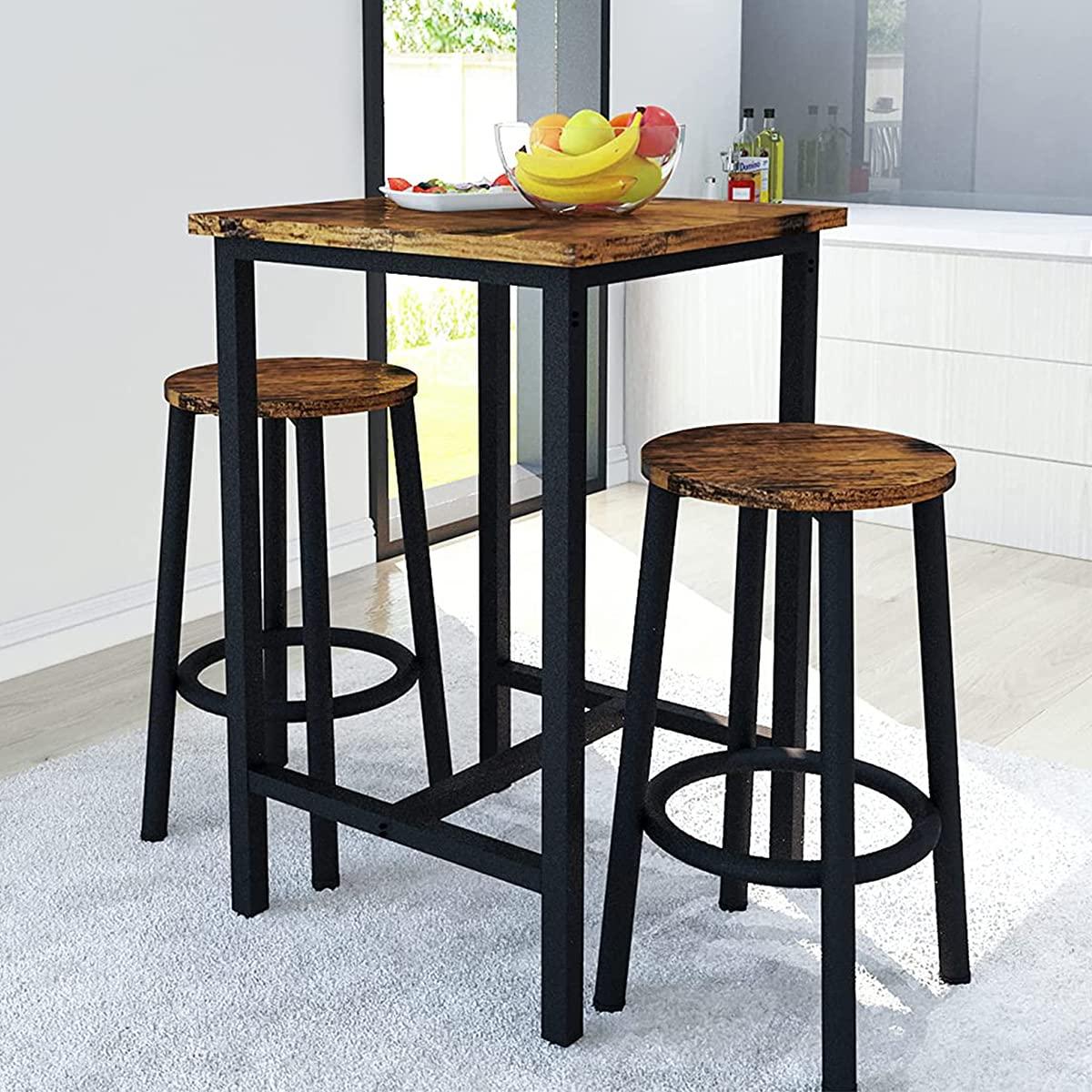 Rustic Brown Square Pub Table Set with Metal Frame and 2 Stools