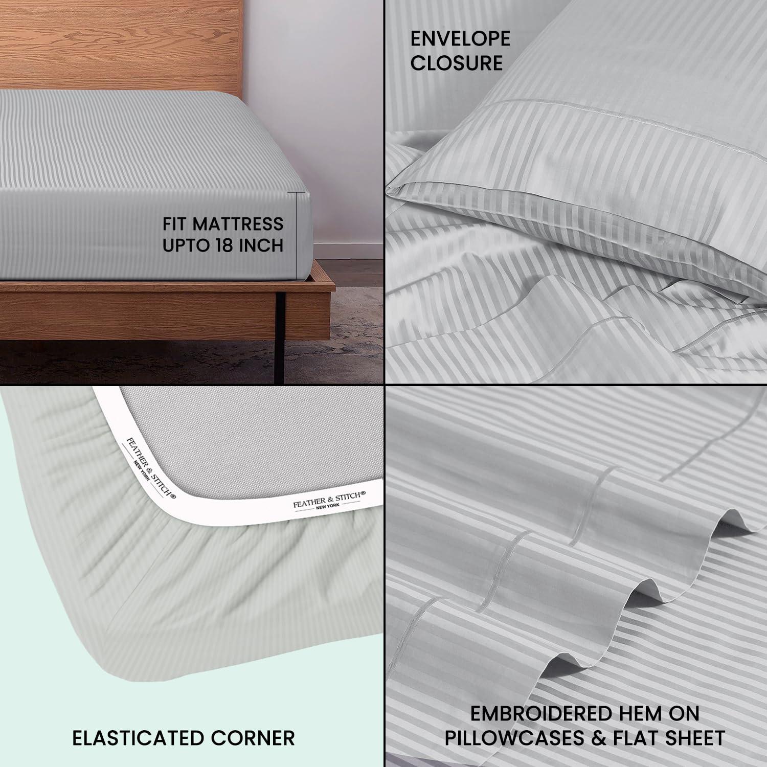 Feather & Stitch 500 TC Full Size Damask Bed Sheet Set, 100% Cotton Soft Breathable Bedsheets, 4 Piece 18" Deep Pockets Sateen Weave Striped Bedding Mattress Resort Hotel Luxury- (Blue Blush, Full)