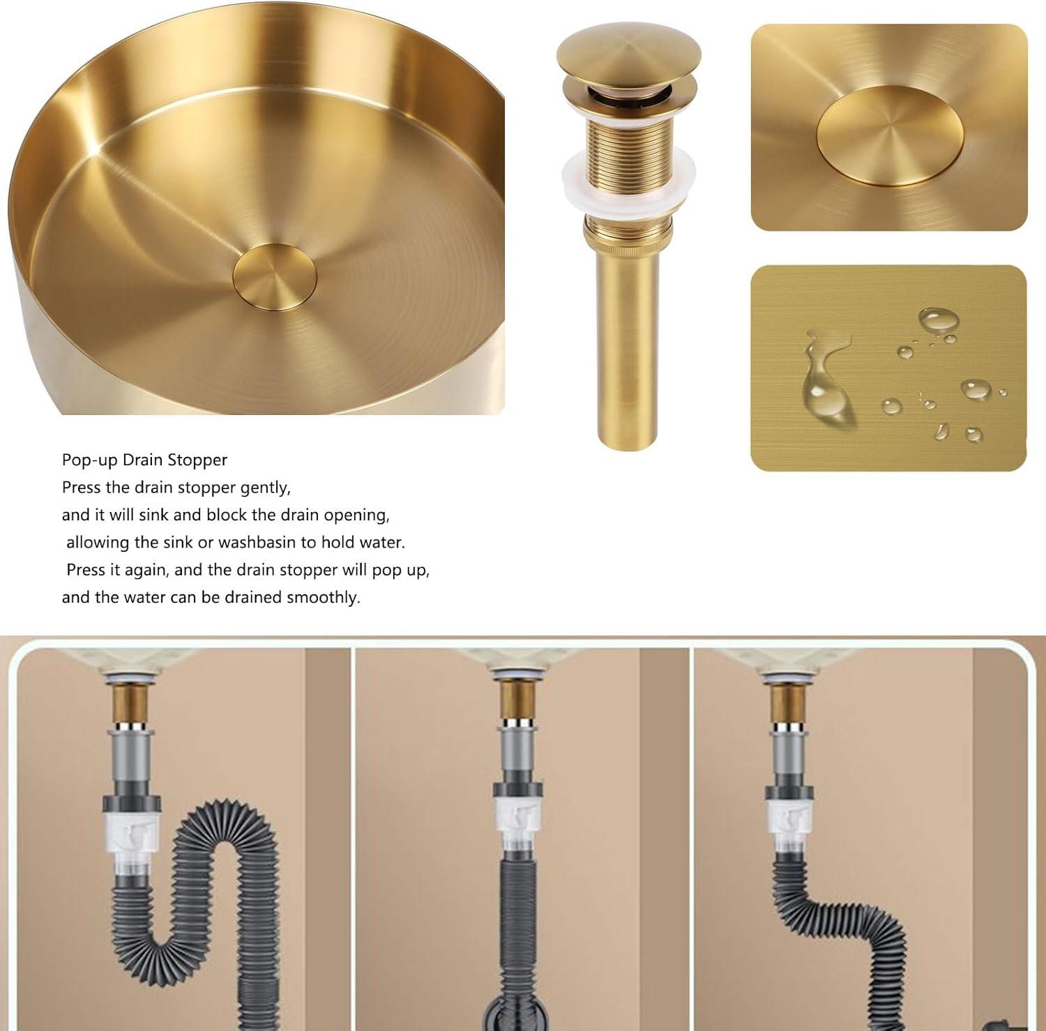 18" Gold Stainless Steel Round Bathroom Vessel Sink