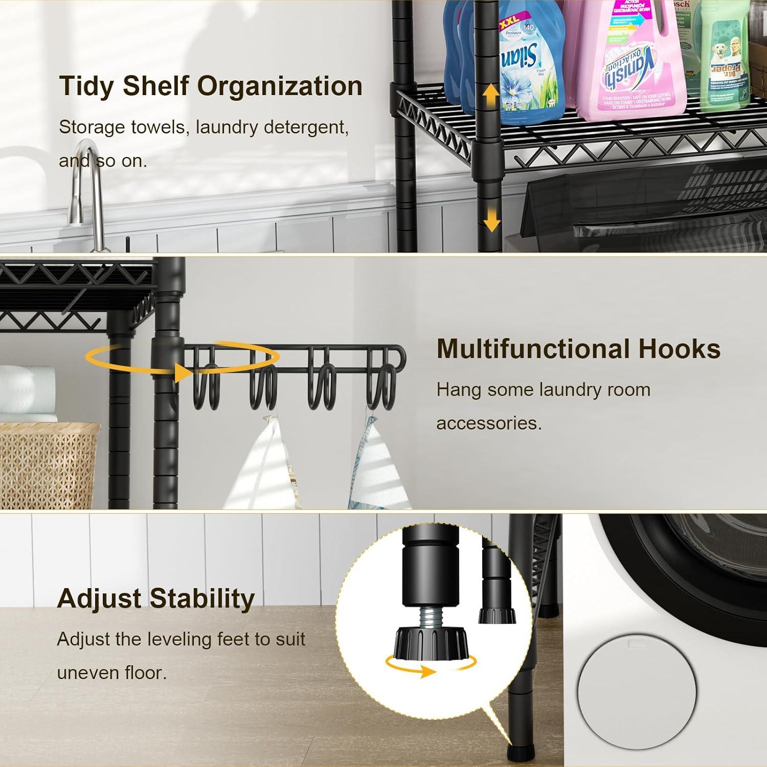 Organizador de Almacenamiento para Cuarto de Lavado U8, Estantes de Almacenamiento para Lavadora y Secadora para Organización de Lavandería, 35" de Ancho x 13.4" de Profundidad x 76.2" de Alto, Adecuado para Lavadora con un Ancho de 32.6", Capacidad para 304 lb, Negro