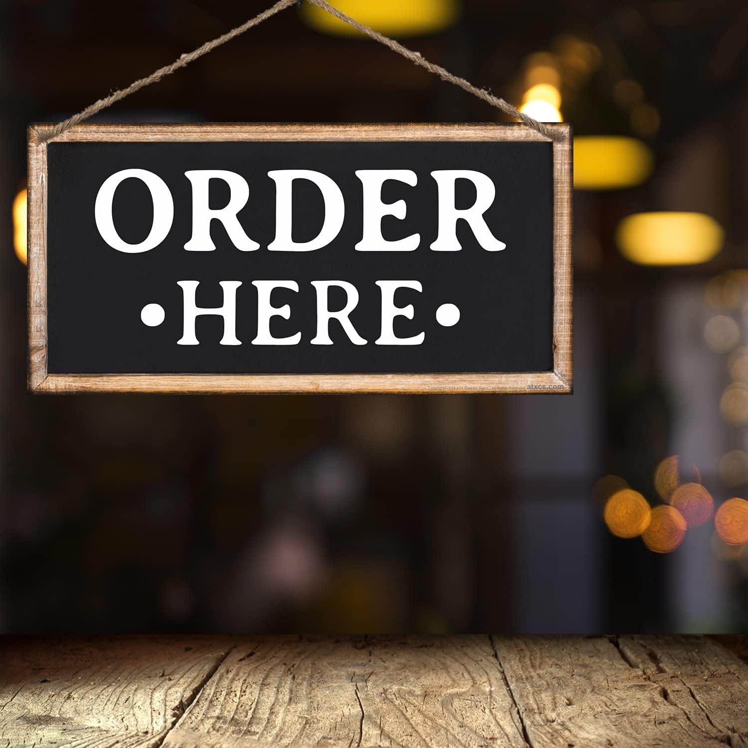 Black and White Rectangular Metal Order Here Sign with Jute String