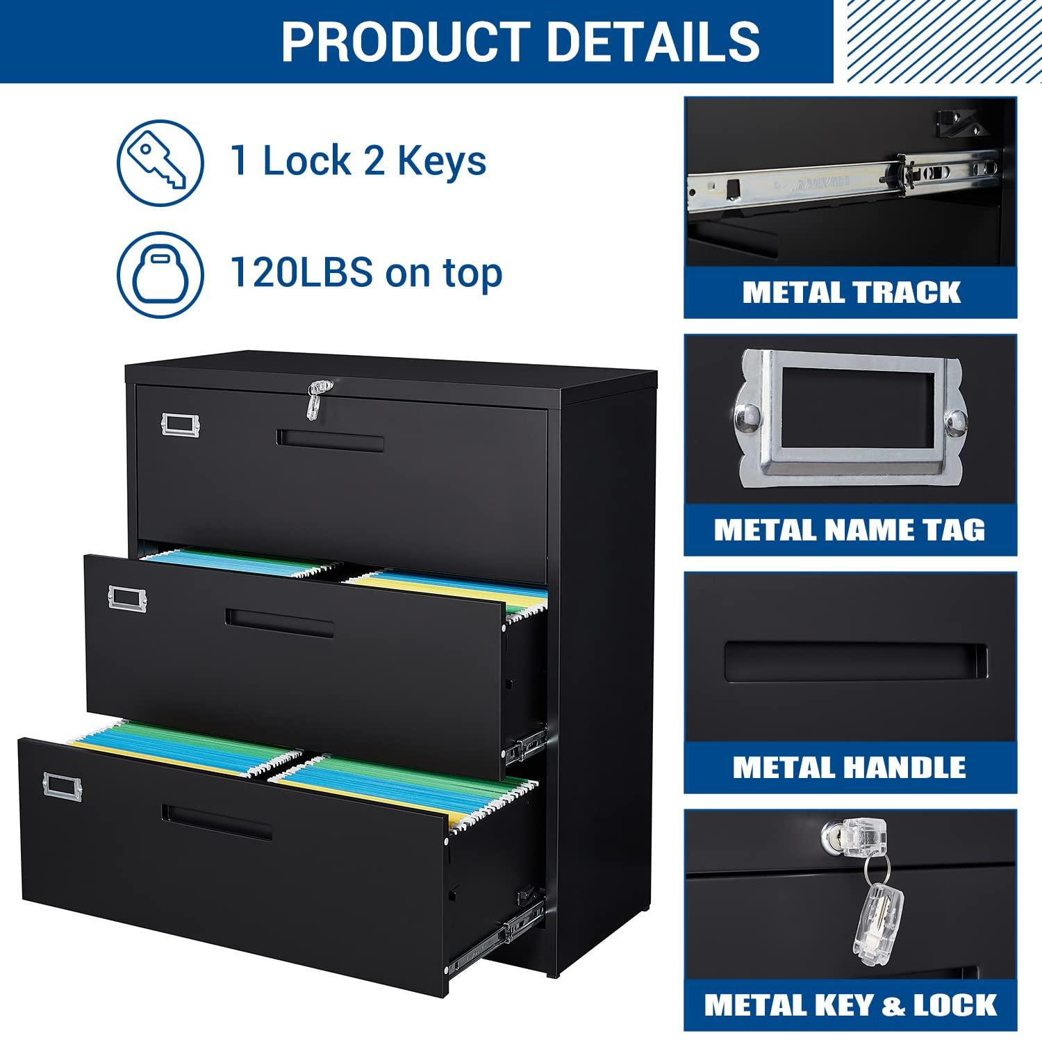 MIIIKO Lateral File Cabinet with Lock, 3 Drawer Lateral Filing Cabinet, Large Deep Drawers Locked by Keys, Metal Storage File Cabinet for Hanging Files Letter/Legal/F4/A4 Size