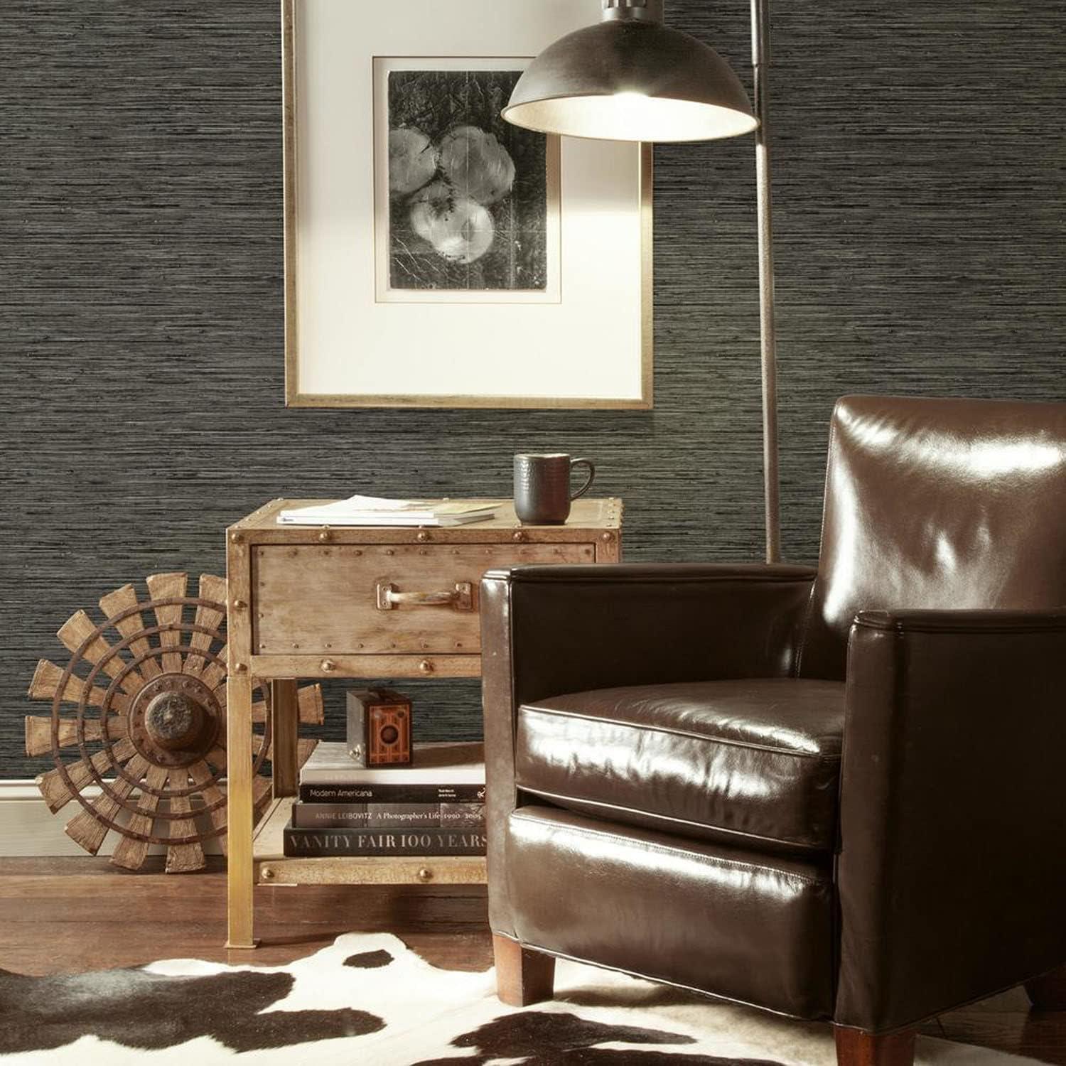 Dark Gray Grasscloth Peel and Stick Wallpaper Roll