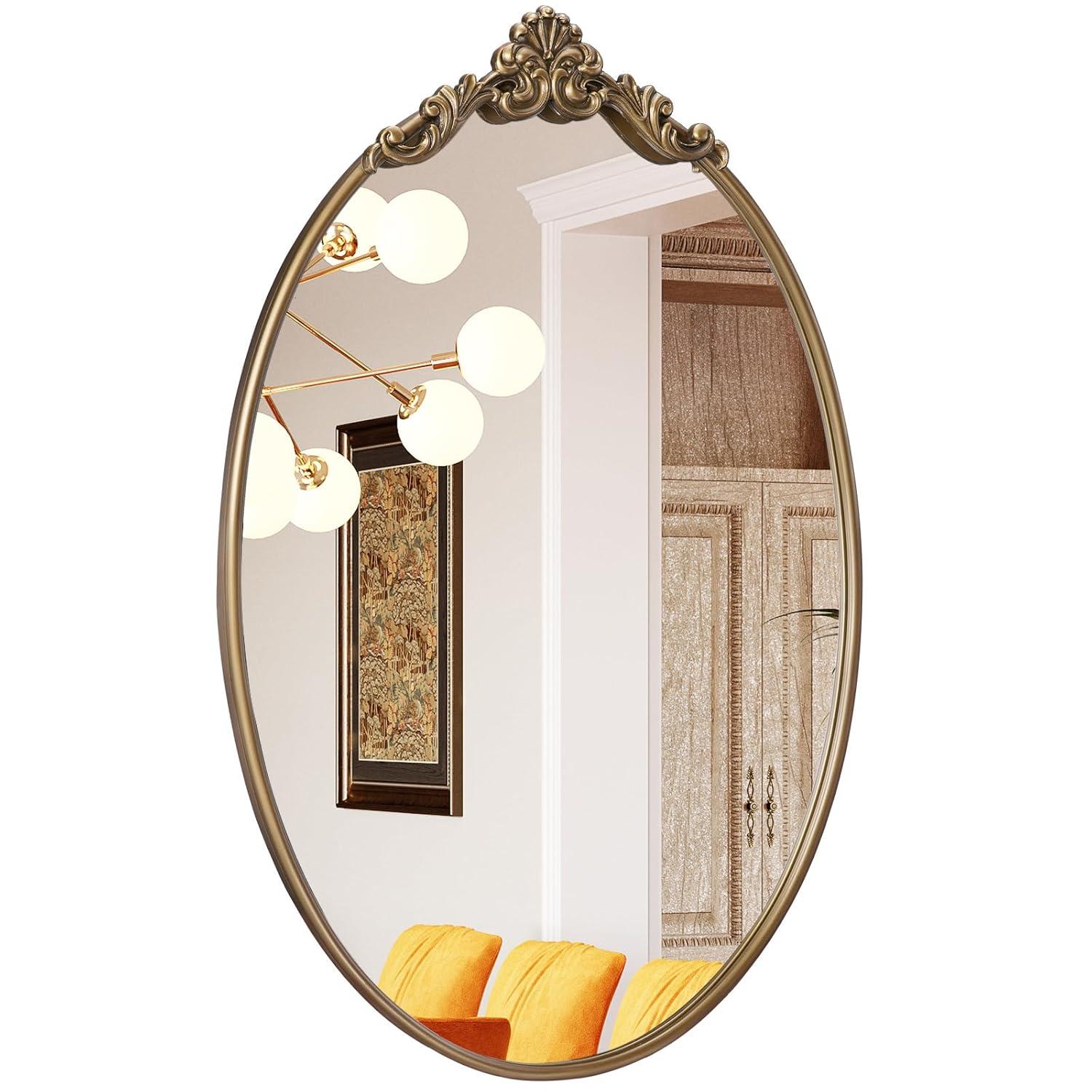 Kate & Laurel All Things Decor 24"x36" Arendahl Traditional Vertical Oval Wall Mirror Antique Gold: Ornate, No Assembly Required