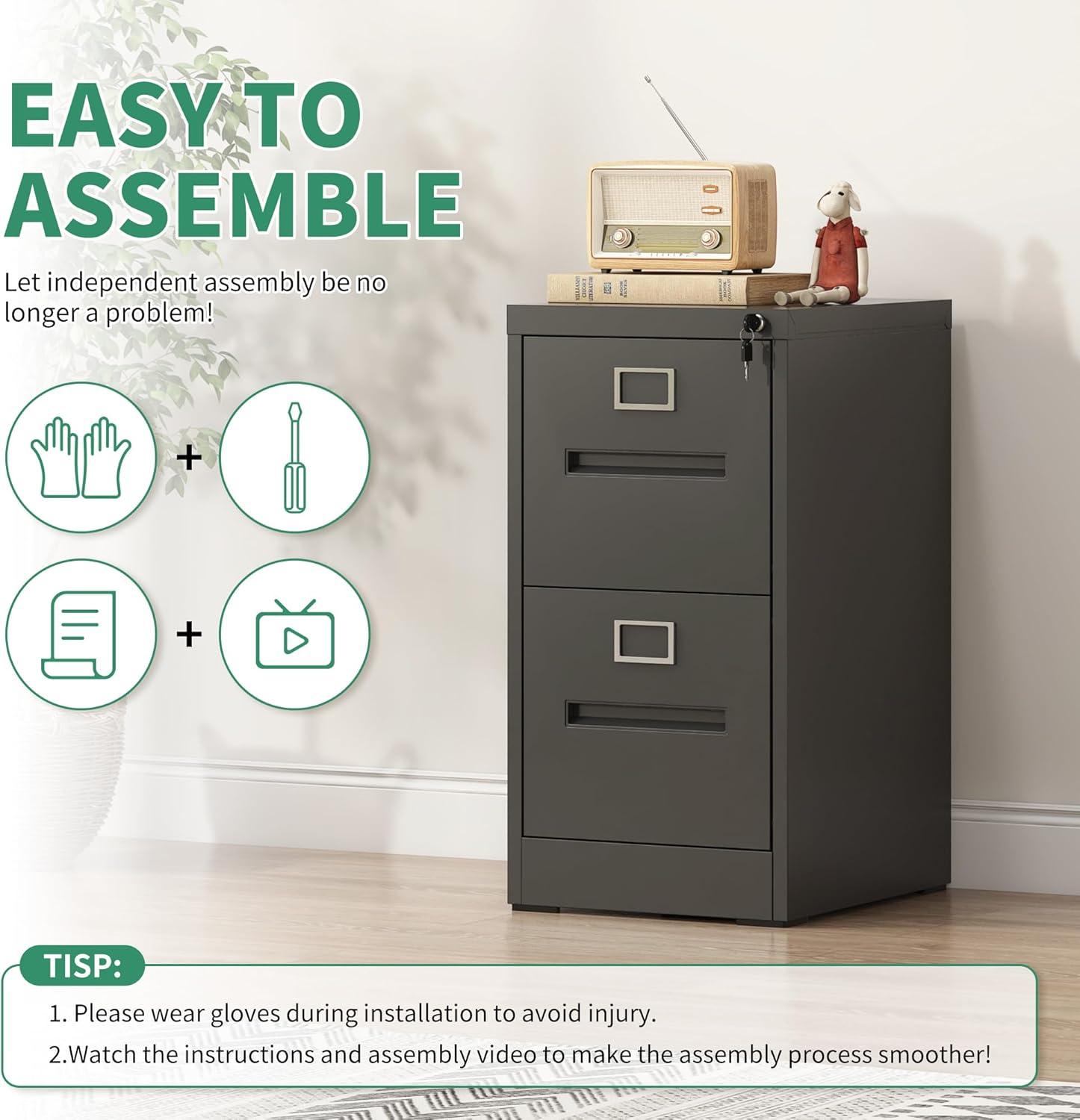2 Drawer Metal Vertical File Cabinet with Lock for Home Office, A4/Letter/Legal Size, Assembly Required