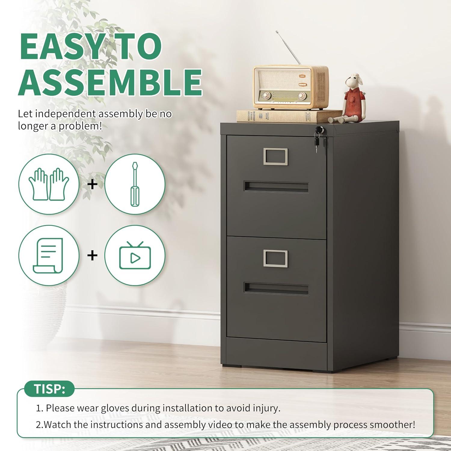 2 Drawer Metal Vertical File Cabinet with Lock for Home Office, A4/Letter/Legal Size, Assembly Required