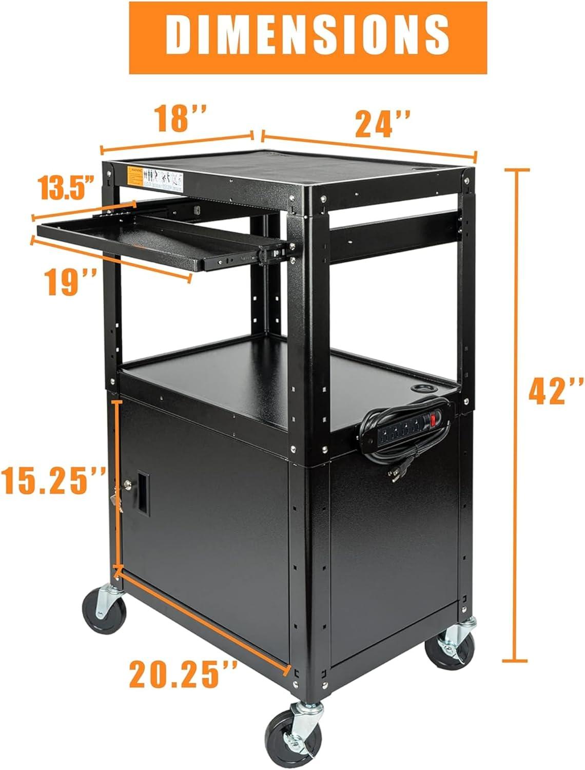 Adjustable Black Steel AV Cart with Locking Cabinet and Power Strip