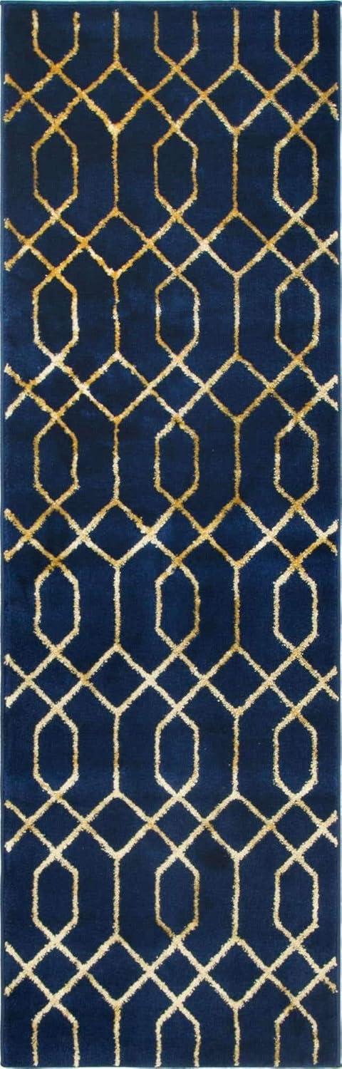 Regency Era Navy Blue & Gold Trellis Synthetic Runner Rug