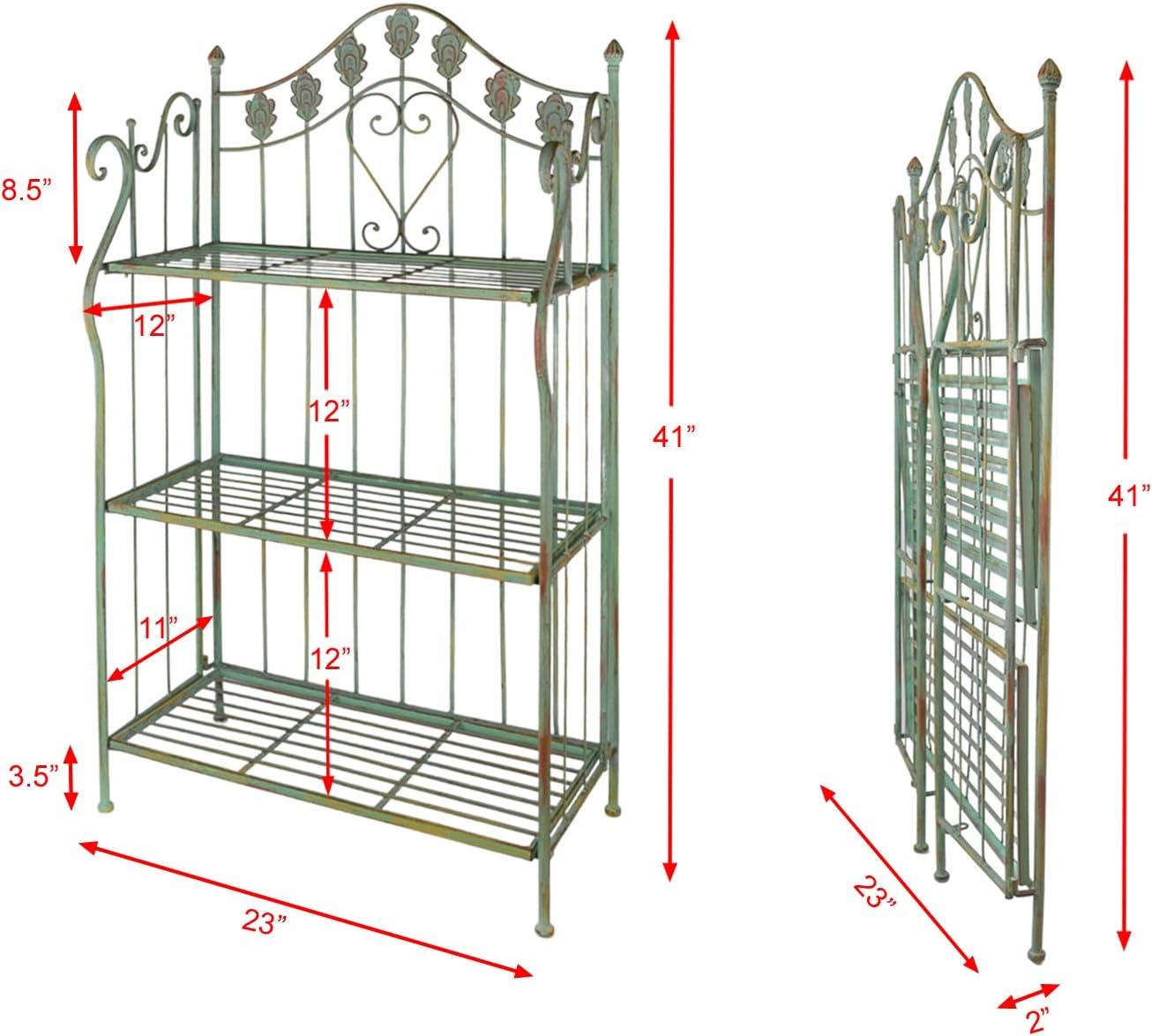 Pre-Assembled Folding Metal Shelf | Plant Stand | Shelving Unit | Bookcase | Outdoor Baker's Rack with Scrolling Heart & Peacock Tail Motif