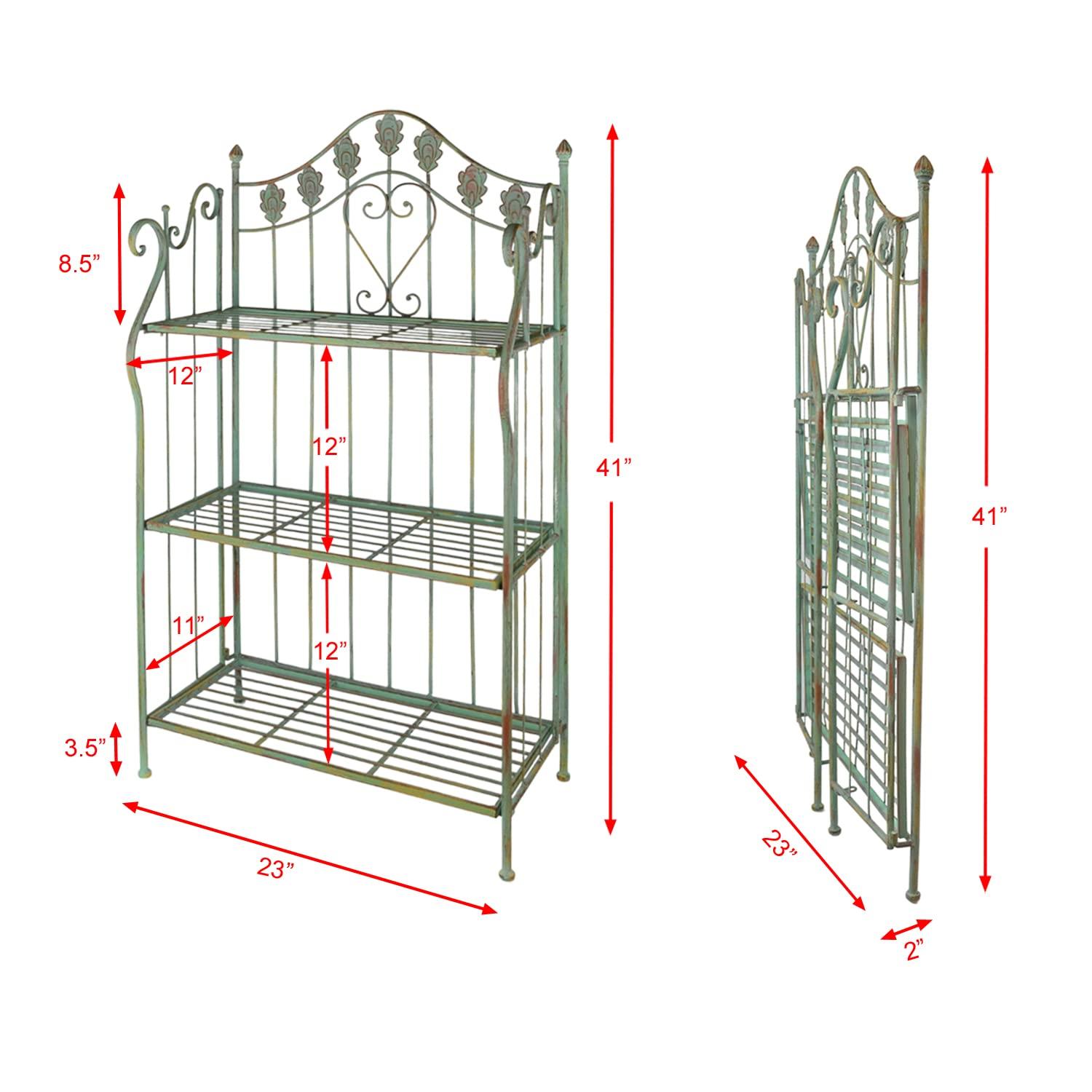 Pre-Assembled Folding Metal Shelf | Plant Stand | Shelving Unit | Bookcase | Outdoor Baker's Rack with Scrolling Heart & Peacock Tail Motif