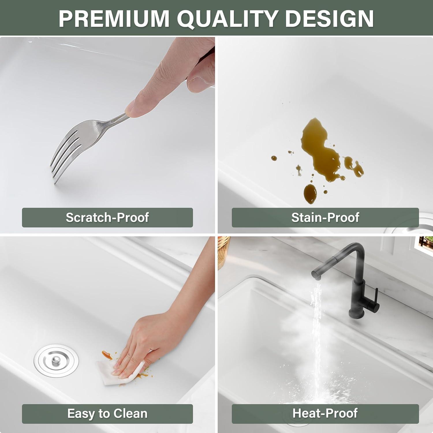 32" L x 19" W Single Bowl Fireclay Kitchen Sinks White with Bottom Grids and Basket Strainer