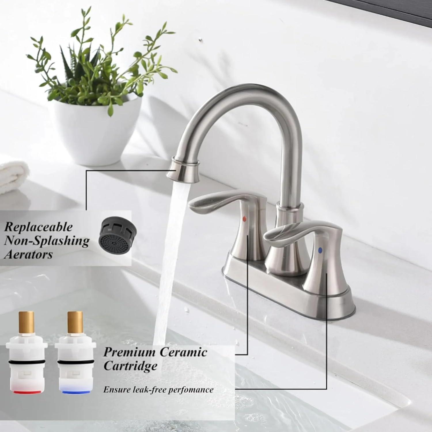 Brushed Nickel Bathroom Faucet, 2-Handle Lead-Free 360° Swivel High-Arc Spout 4 Inch Centerset Bath Lavatory Vanity Sink Faucets Set for Sinks with Drain & Water Hoses, VABM80008L