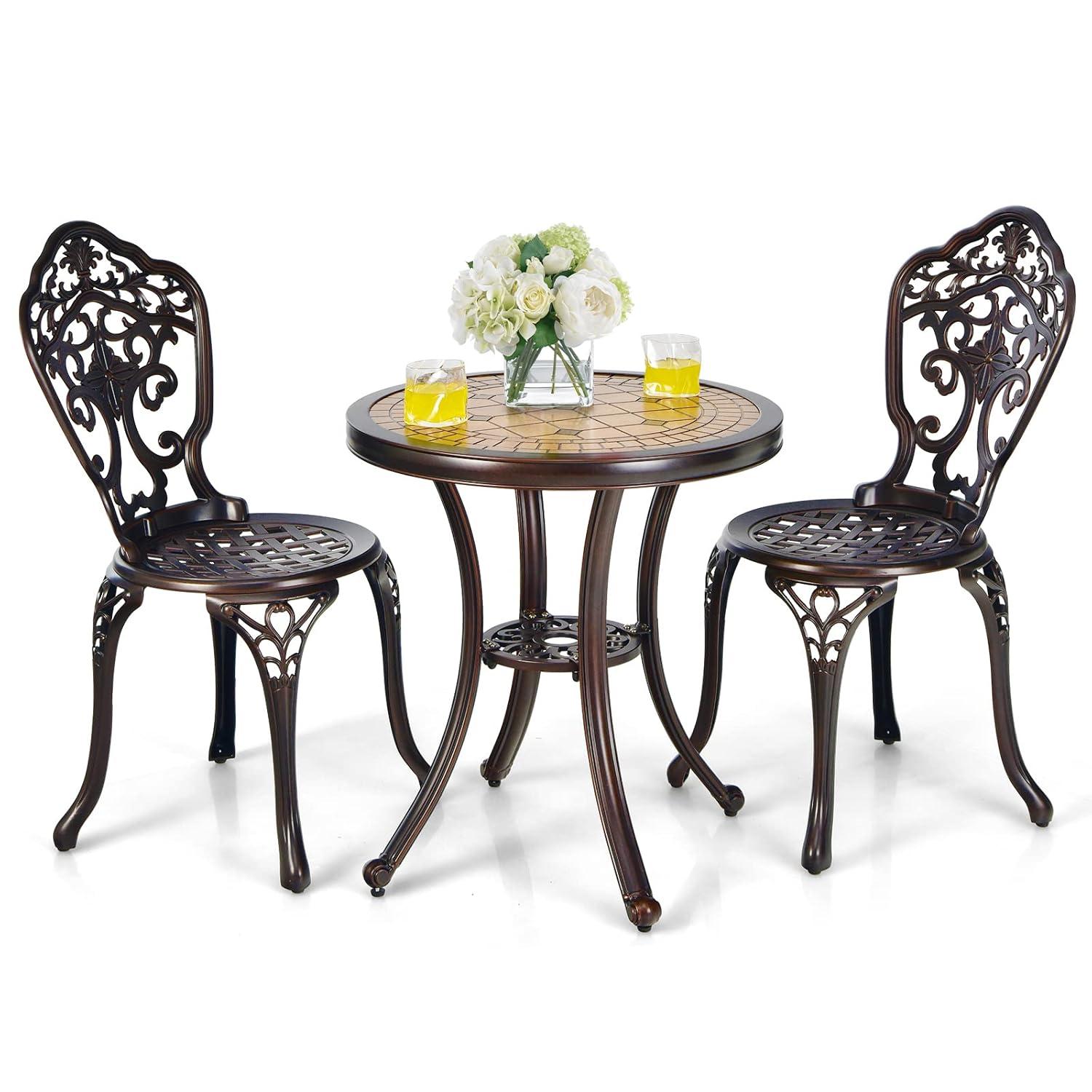 3PCS Patio Bistro Set Round Table Chairs All Weather Cast Aluminum